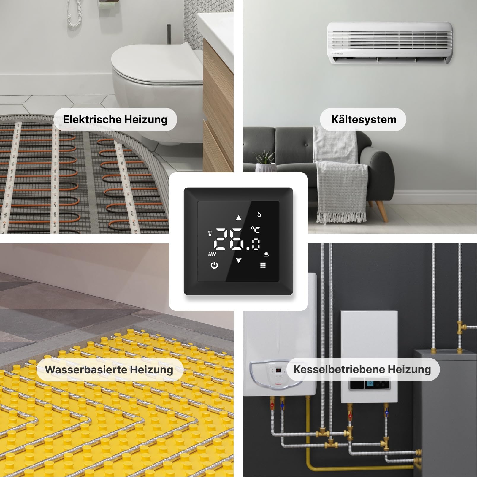 Thermostat Temperaturregler für Fußbodenheizung, digital, TS100, Schwarz