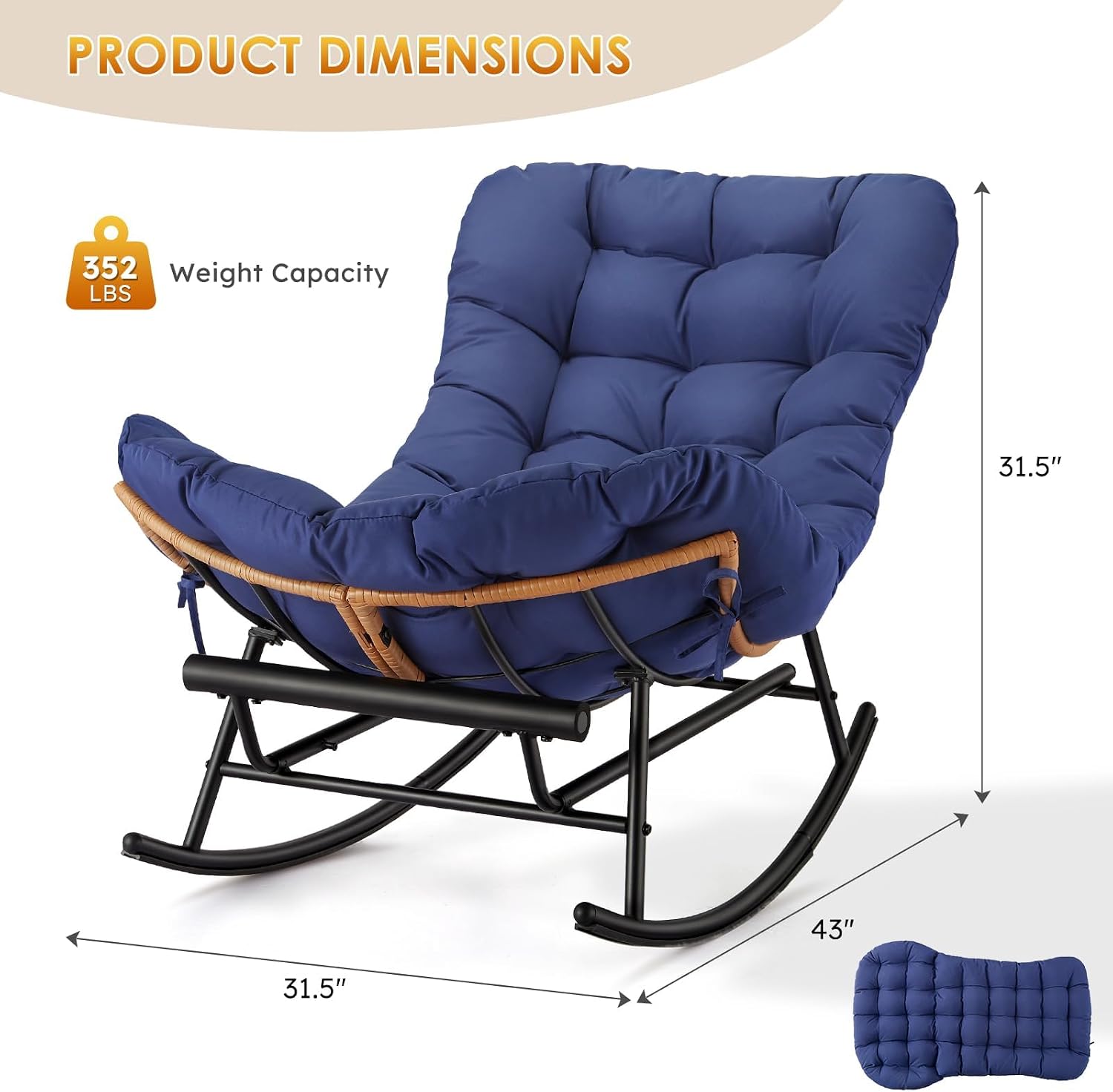 GAOMON Papasan Rocking Chair with Foot Rest, Papasan Chair with Thick Removable Cushion and Metal Frame, Lounge Chairs and PE Rattan Rocker for Patio, Garden, Lawn, Living Room and Relaxation Space