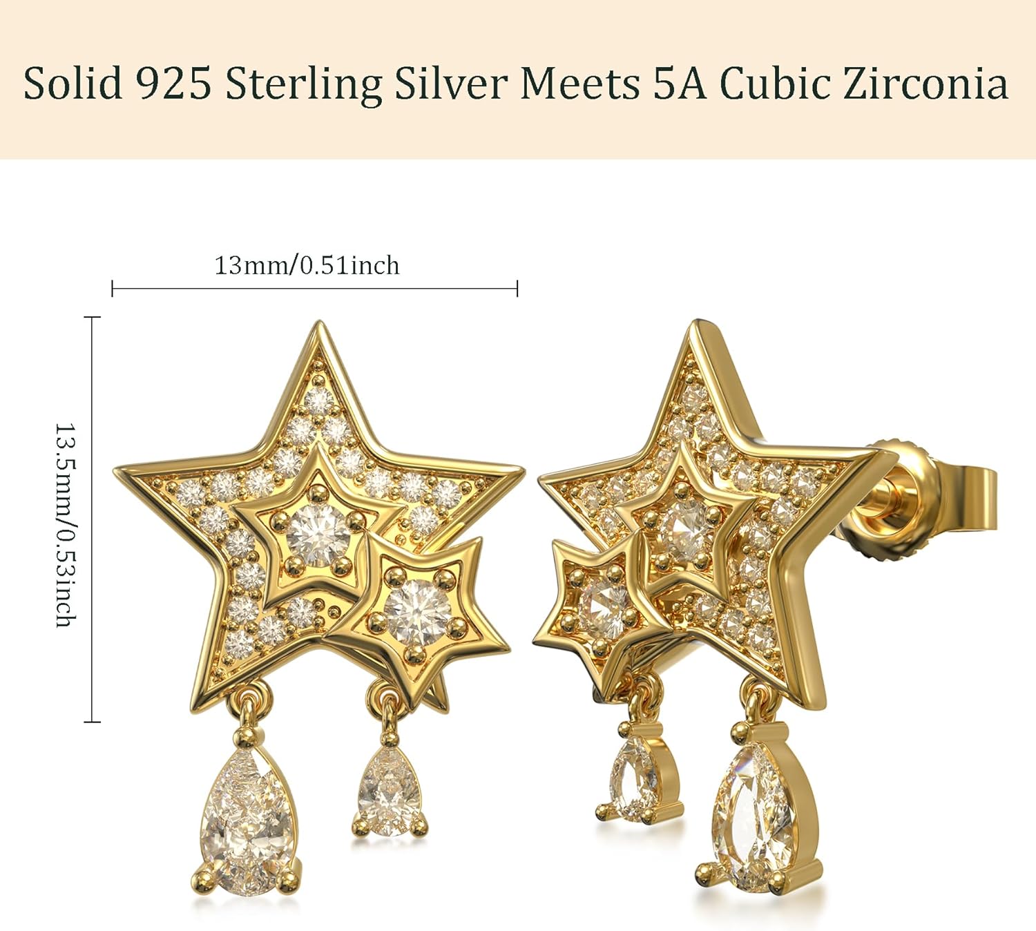 Gold Star Earrings for Women, Sterling Silver Dangle Star Stud Earrings, Hypoallergenic Jewelry Christmas Gift for Women on Birthday Anniversary Christmas for Wife Girlfriend Her - Image 5