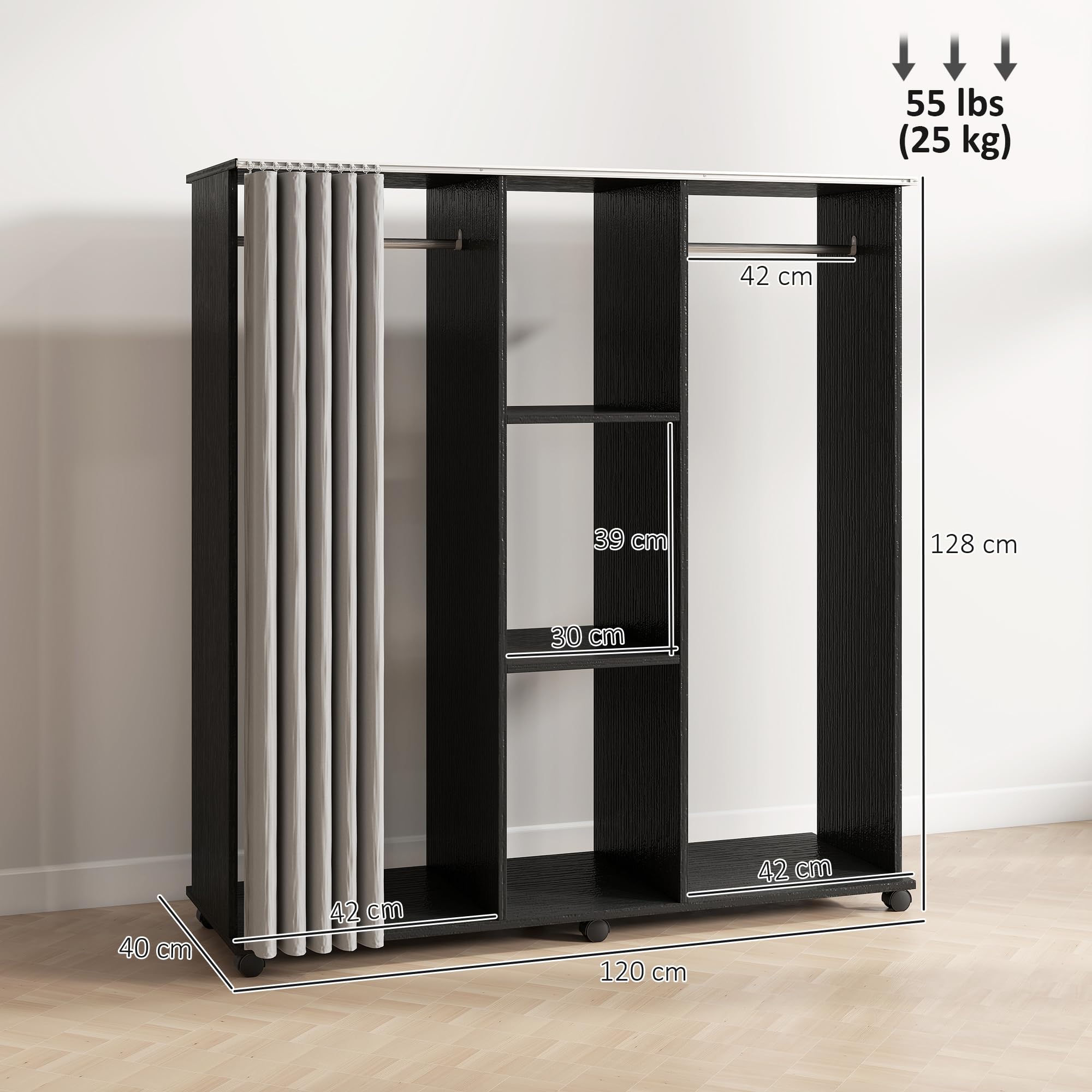 HOMCOM Armoire Penderie Mobile 6 roulettes 120x40x128cm Noir | Meuble de Rangement en Bois