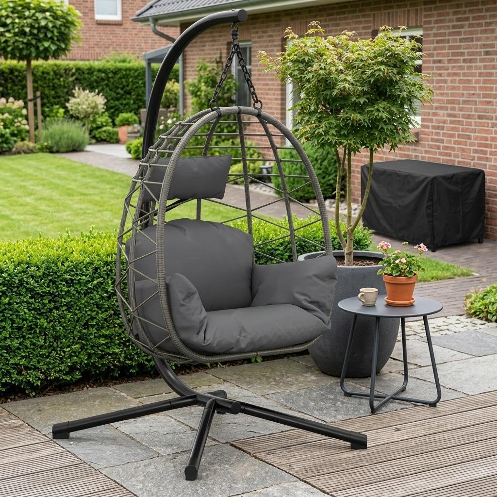 Hängesessel mit Gestell Outdoor & Indoor – Rattan Hängestuhl bis 130 kg belastbar – Freistehender Hängesitz (Egg Chair) inkl. Kissen & Schutzhülle für Garten, Balkon & Wohnzimmer – Grau