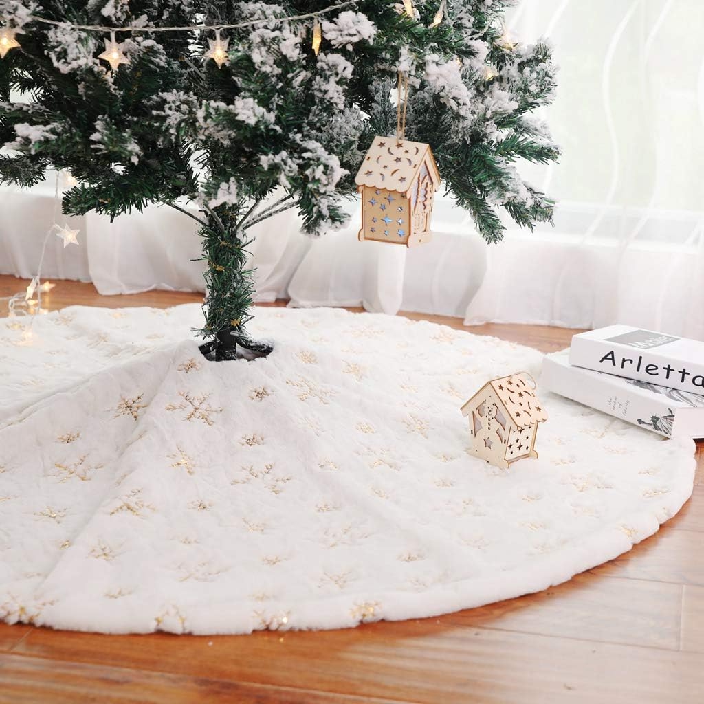 Kaximd Christmas Tree Skirt 30/36/49 inches Xmas White Tree Skirts Snowflake Embroidery for Christmas Decorations Holiday Party 198 Gold 90