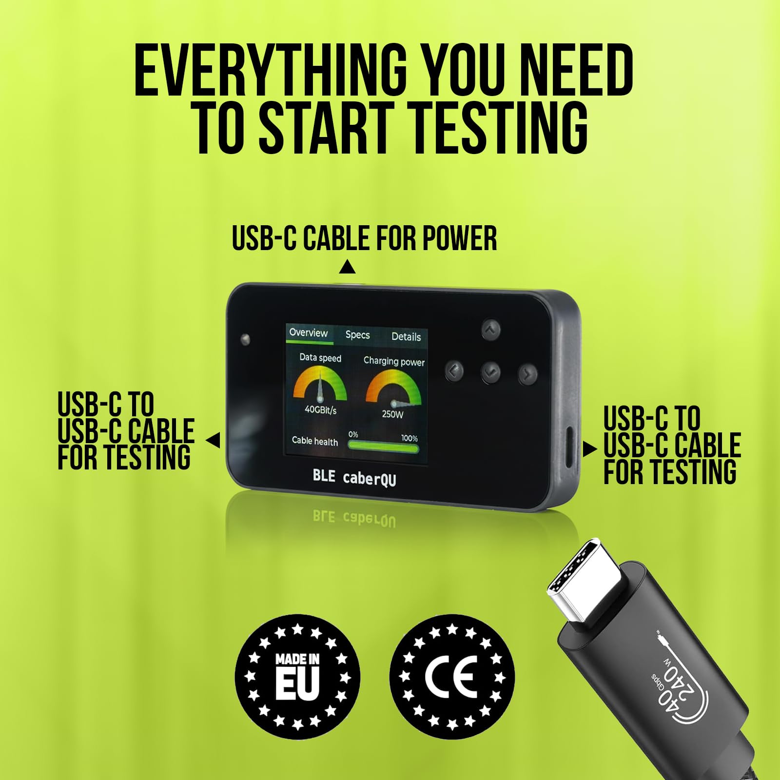 BLE caberQU Testeur de câble numérique USB C PD 3.0/3.1/3.2 eMarker 25 broches Continuité Broches USB 2/3/4 Résistance de câble iOS & Android App (BLE caberQU Kit de sécurité