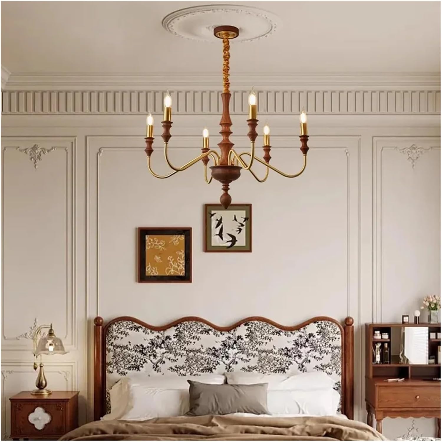 Vintage Walnut Wood & Brass Candle Chandelier - Retro Lighting Fixture for Living Room, Bedroom, Dining Room, Study & Kitchen - Elegant Home Decor