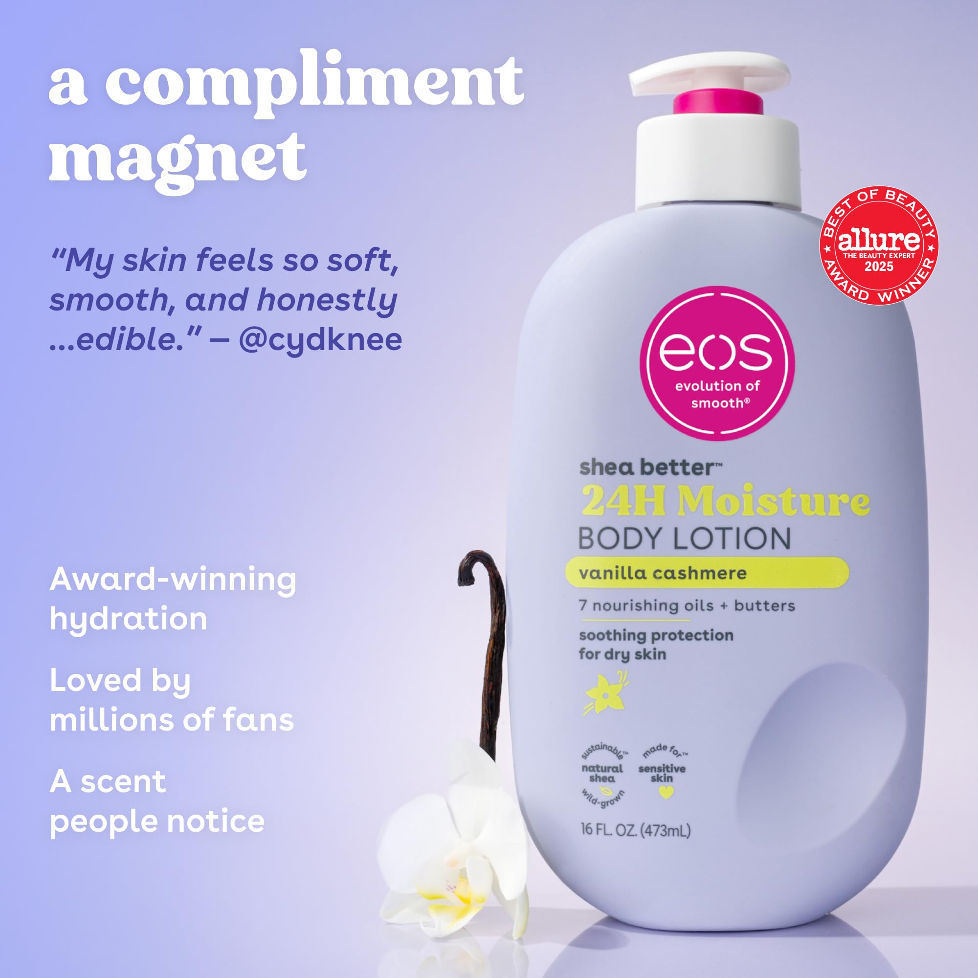 eos Shea Better Body Lotion Pomegranate Raspberry, 24-Hour Moisture Skin Care, Lightweight & Non-Greasy, Natural Shea, Vegan, 16 fl oz: Vanilla Cashmere 16 Fl Oz (Pack of 1)