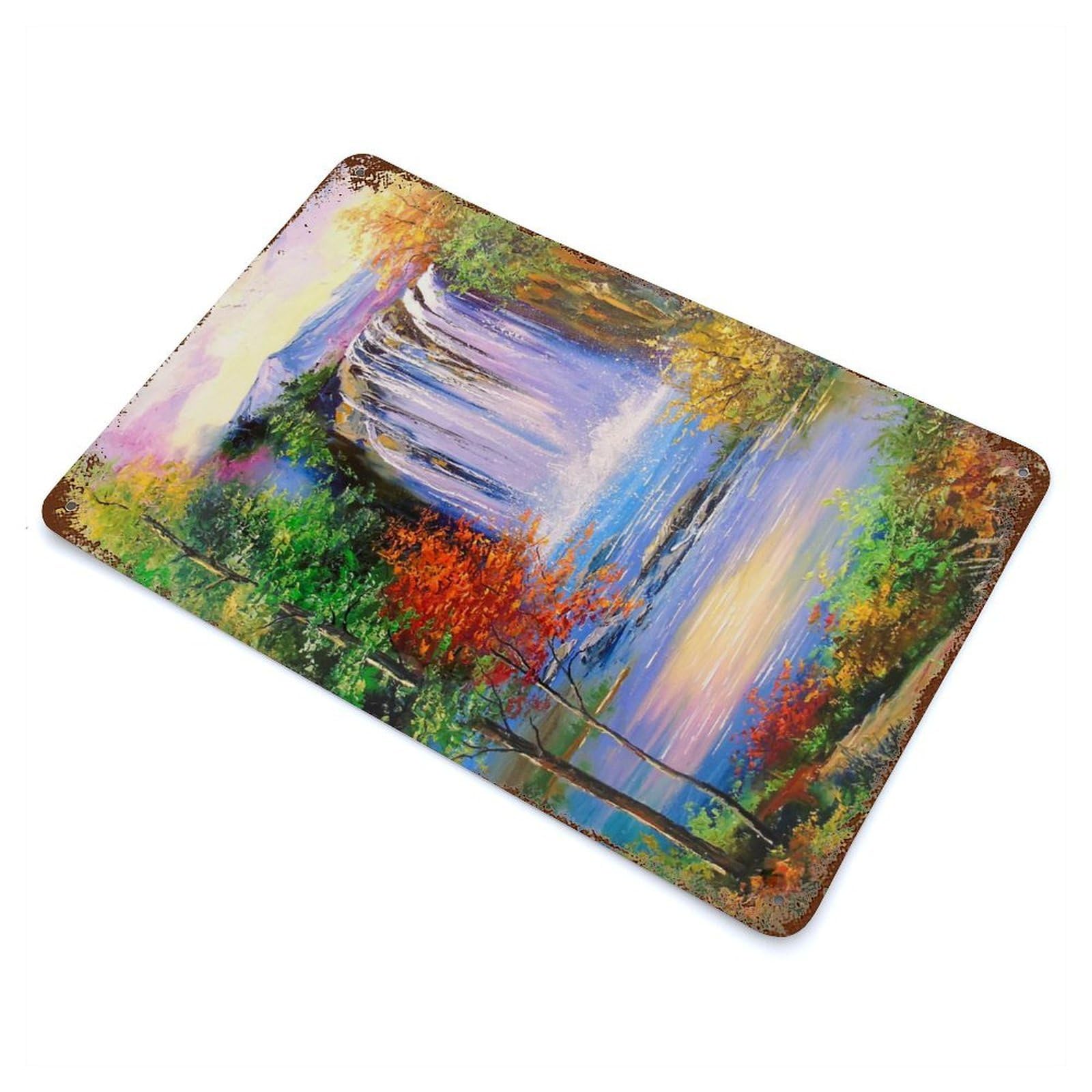 Garage Style Mountain Waterfall Aged Metal Wall Plaque 11.8"x7.9", Decorative Metal Wall Art for Bar And Workshop