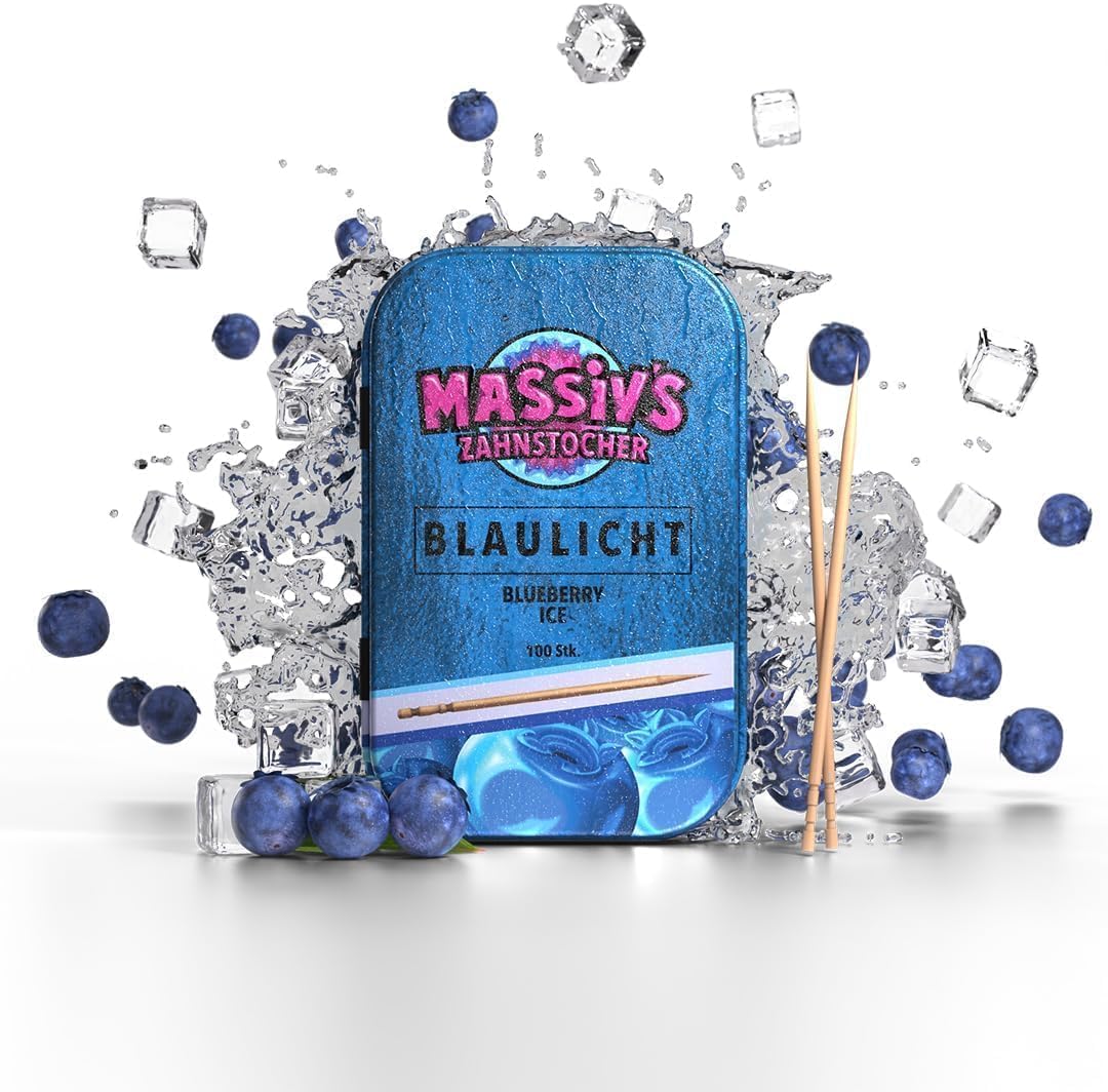 Massiv's Zahnstocher - Zahnstocher mit Geschmack – BLAULICHT Blueberry Ice – 100 aromatisierte Zahnstocher – frischer Atem – stylische Metalldose – vegan, zuckerfrei, kalorienfrei