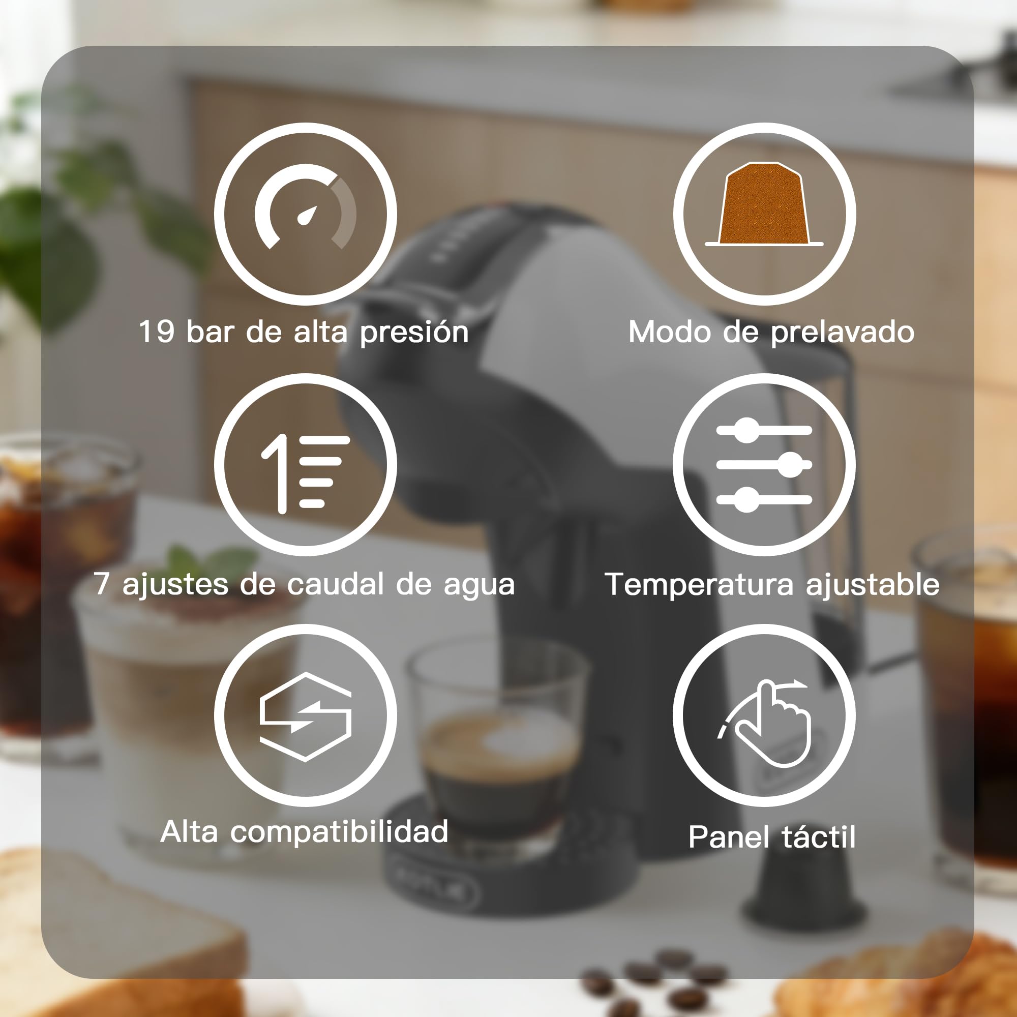 KOTLIE 5 en 1 máquina de café cápsulas 19 Bar, máquina multi-cápsula para Nespresso/Dolce Gusto/pastillas ESE (44mm)/polvo de café, depósito de agua 1L, 3 temperaturas/7 cantidades de agua