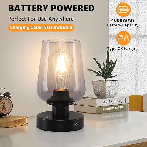 Miniatura 3 de FOLKSMATE Lámpara de mesita de noche inalámbrica, lámpara táctil recargable, luz nocturna regulable de 3 vías con bombilla LED, lámpara a pilas para