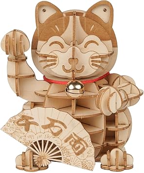 Rolife 3D Wooden Puzzle Lucky Cat -72pcs Japanese Maneki Neko Welcome Display Greeting for Blessing Good Fortune - Building Toys Gift for Adults Plutus Cat