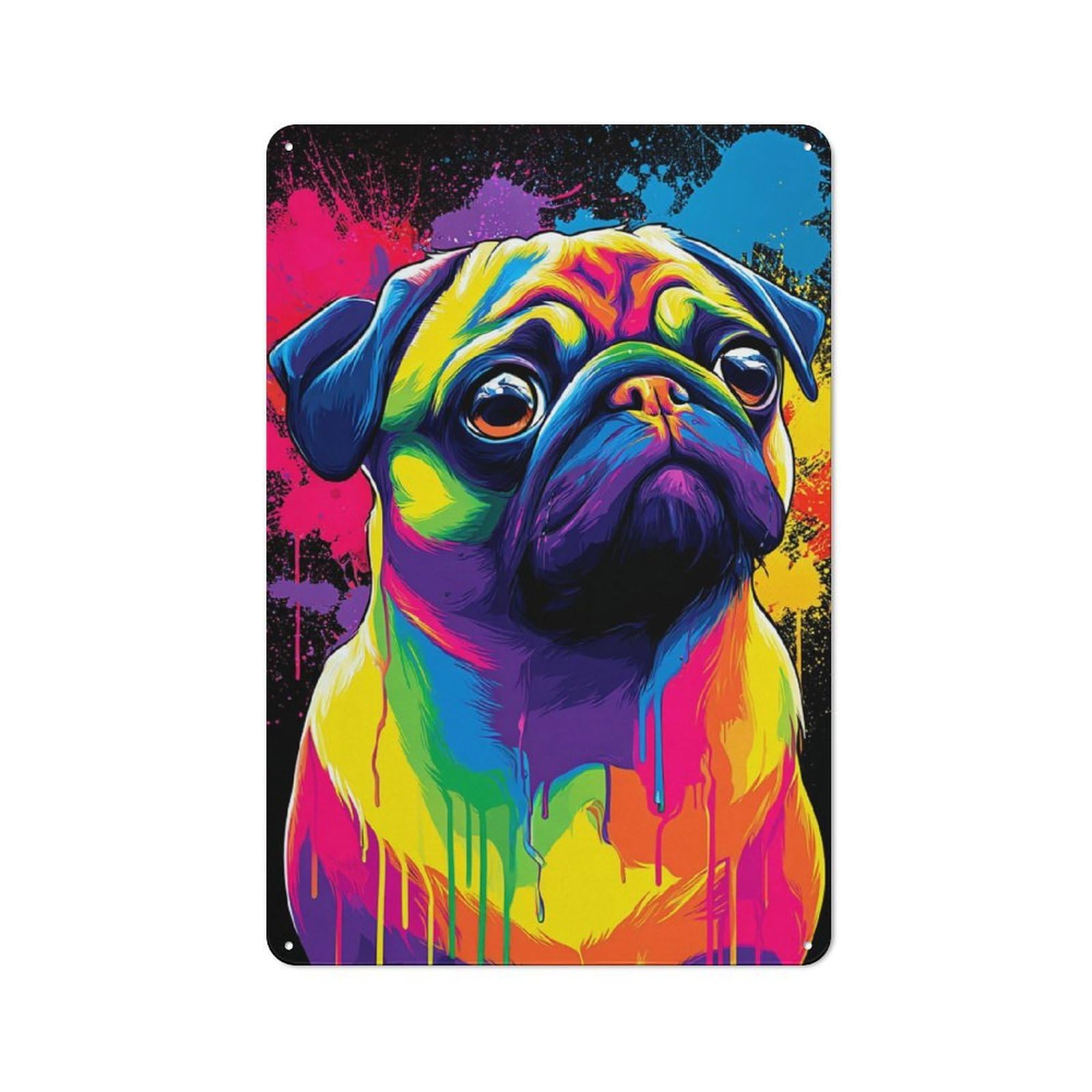 Junmoney Colorful Pug Art Print Vintage Tin Wall Plaque 30X20cm For Kitchen Or Home Bar, For Vintage Wall Decor Fans, For Themed Room Decoration