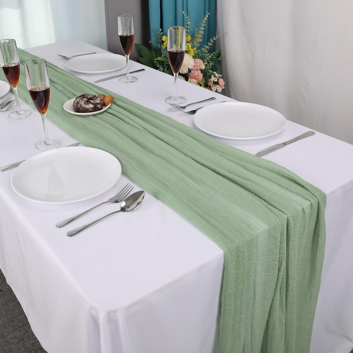 Photo 1 of 10ft Cheesecloth Table Runner, 6 pcs 120-Inch Boho Gauze Table Runner, Sage Green Bubble Gauze,Rustic Sheer Fabric for Wedding, Bridal Baby Shower, Farmhouse Decor & Spring Party Table Decor