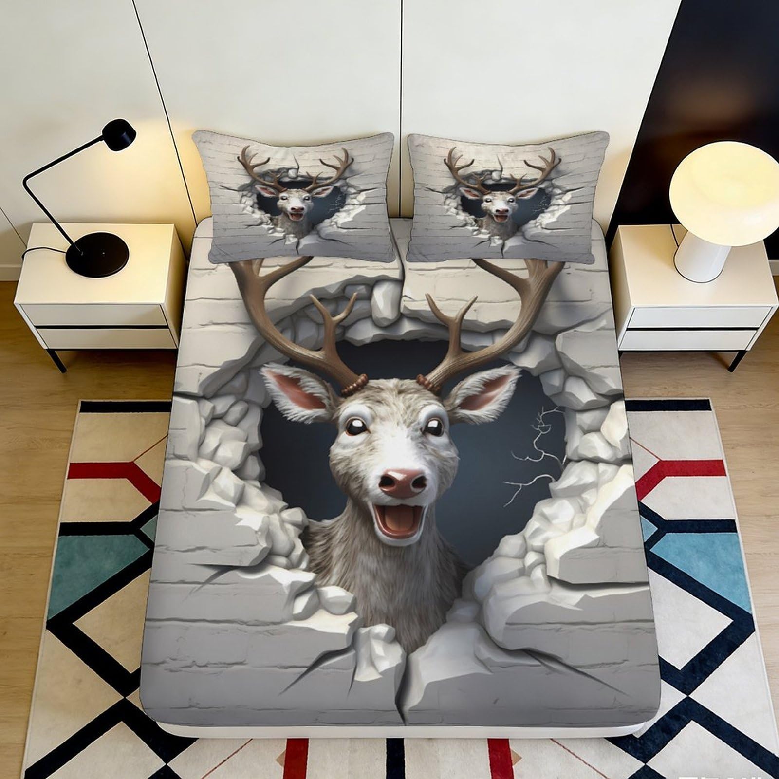 Decorative Deer Fitted Sheet 3D Printed, Microfiber Soft Touch, Bed Cover for Bedroom Guest Room, Anti-Slip, Easy Care, Stylish Apartment Bedding, 116 90x200x25cm