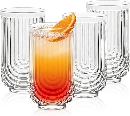 INSETLAN Juego de 4 tazas de vidrio con diseño de arco de cristalería vintage, vidrio ondulado a la moda, vasos de cóctel transparentes clásicos,