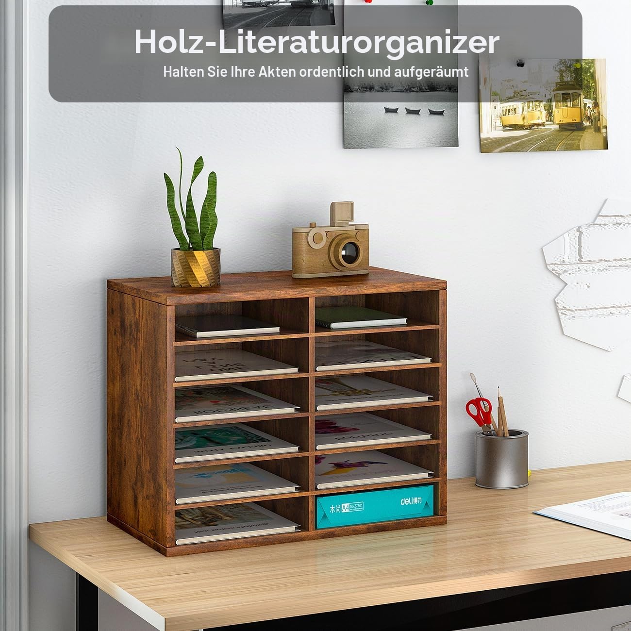 PAG 12 Fächer Verstellbarer Dokumentenablage aus Holz,Holz-Literatur-Stehsammler,Aktensortierer Briefablage A4 Zeitschriftenständer,für Büro/Zuhause/Schule,Retro-Braun