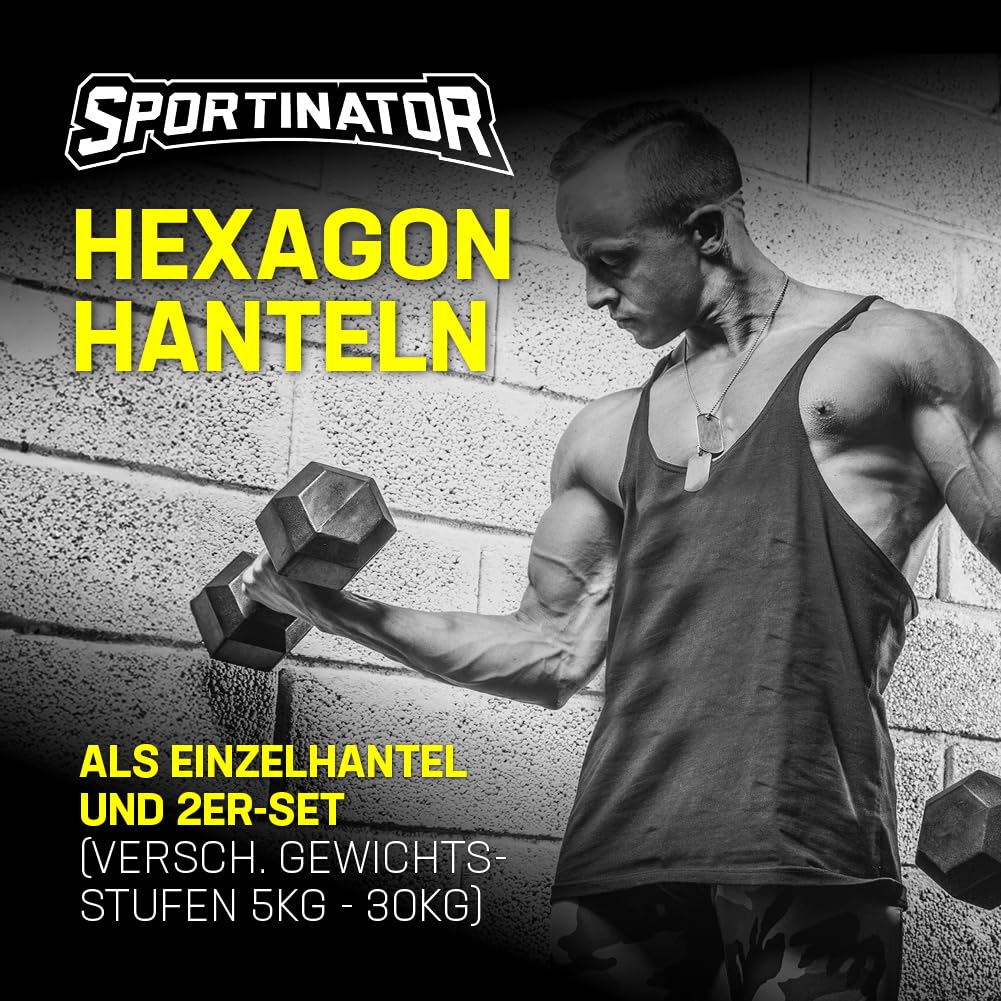 SPORTINATOR Hexagon Hanteln – 2er-Set & Einzelhanteln von 5–30 kg – Gusseisen mit Gummi-Beschichtung, rutschfester Griff, bodenschonend, ideal für Krafttraining & Fitness
