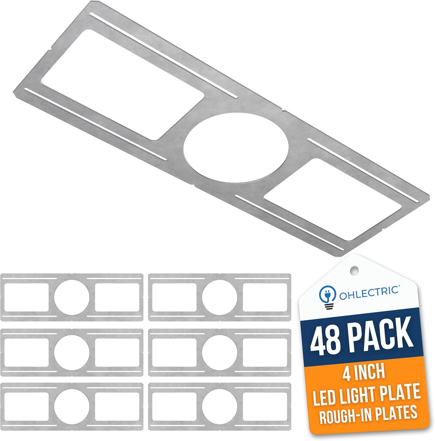 OHLECTRIC 48 Pack – New Construction Mounting Plate for 4 Inch LED Downlight – Slim Steel Rough in Plate/Bracket – Made of Galvanized Steel Recessed LED Light Plate -Slim Light Kit Bracket