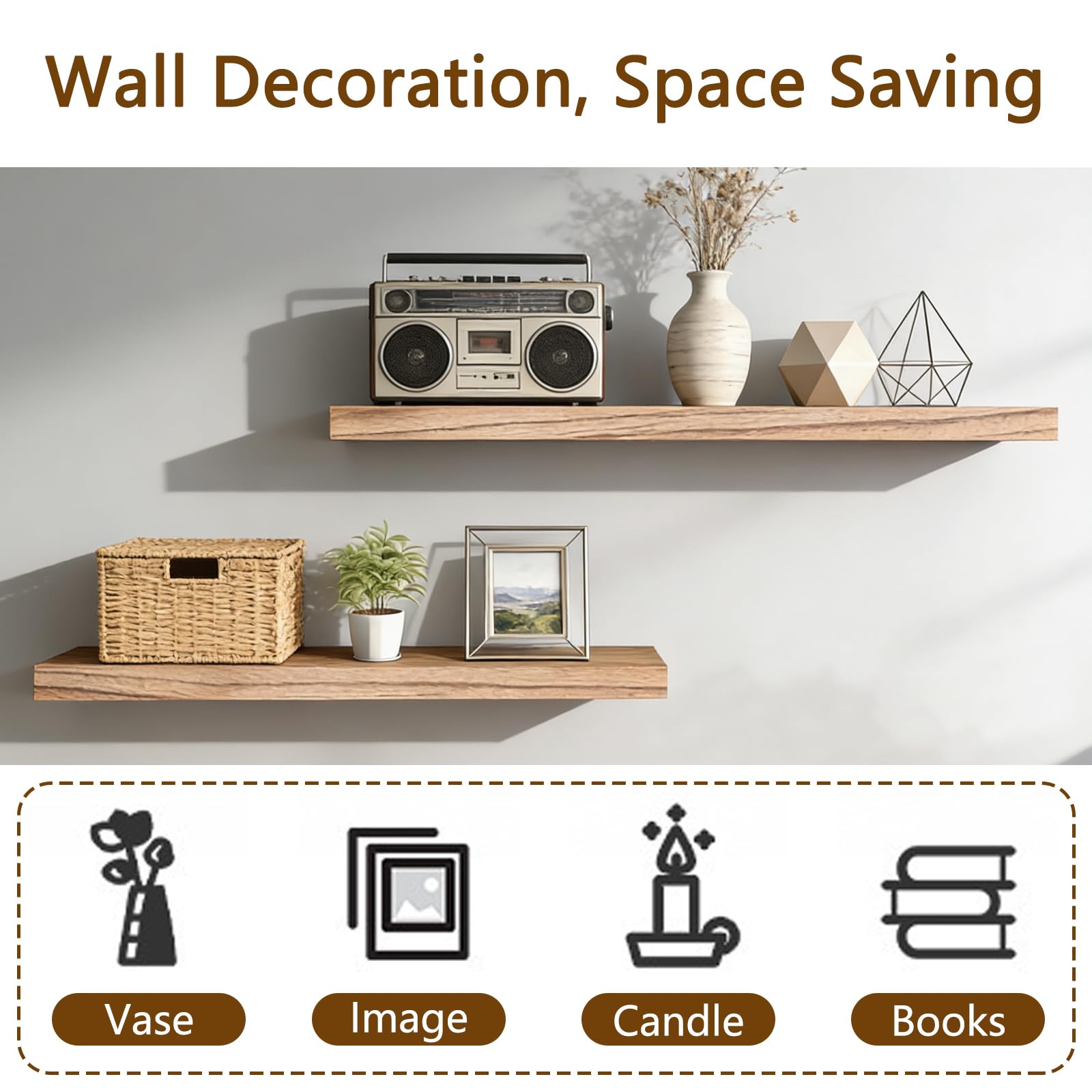 Półki wiszące na ścianę, Dębowa półka pływająca 42x15x2 cm Niewidoczne mocowanie Książki Rośliny Dekoracja Salon Sypialnia(2pcs)