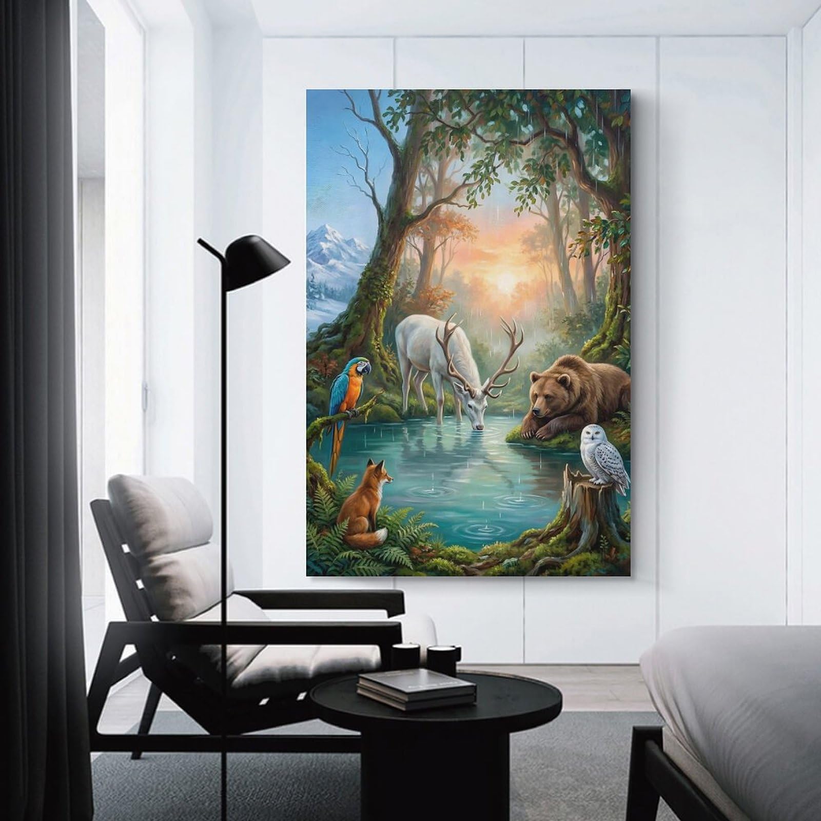 Junmoney Enchanted Forest Animals by A Lake Decorative Wall Artwork 12x18inch(30x45cm), for Living Room, Lounge Or Sitting Room, A Home Accent with Warm Character