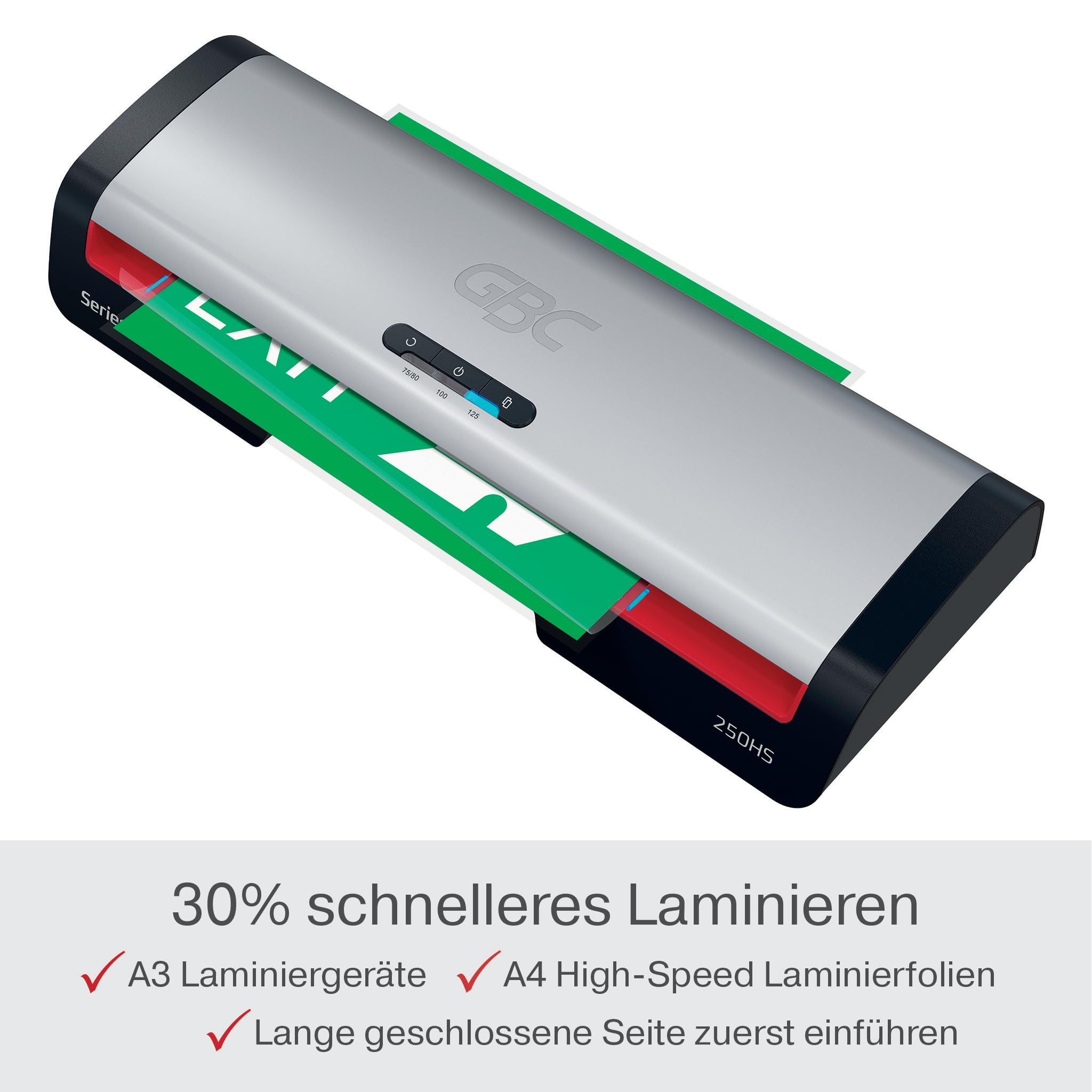 GBC 250HS Office A3 Laminiergerät - High Speed Laminieren, schnelle Aufwärmzeit von 1 Min, 75-125 Mikron, Anti-Stau, Auto-Abschaltung, inkl. 5x A4-Laminierfolien, Schwarz/Rot, 4410071EU
