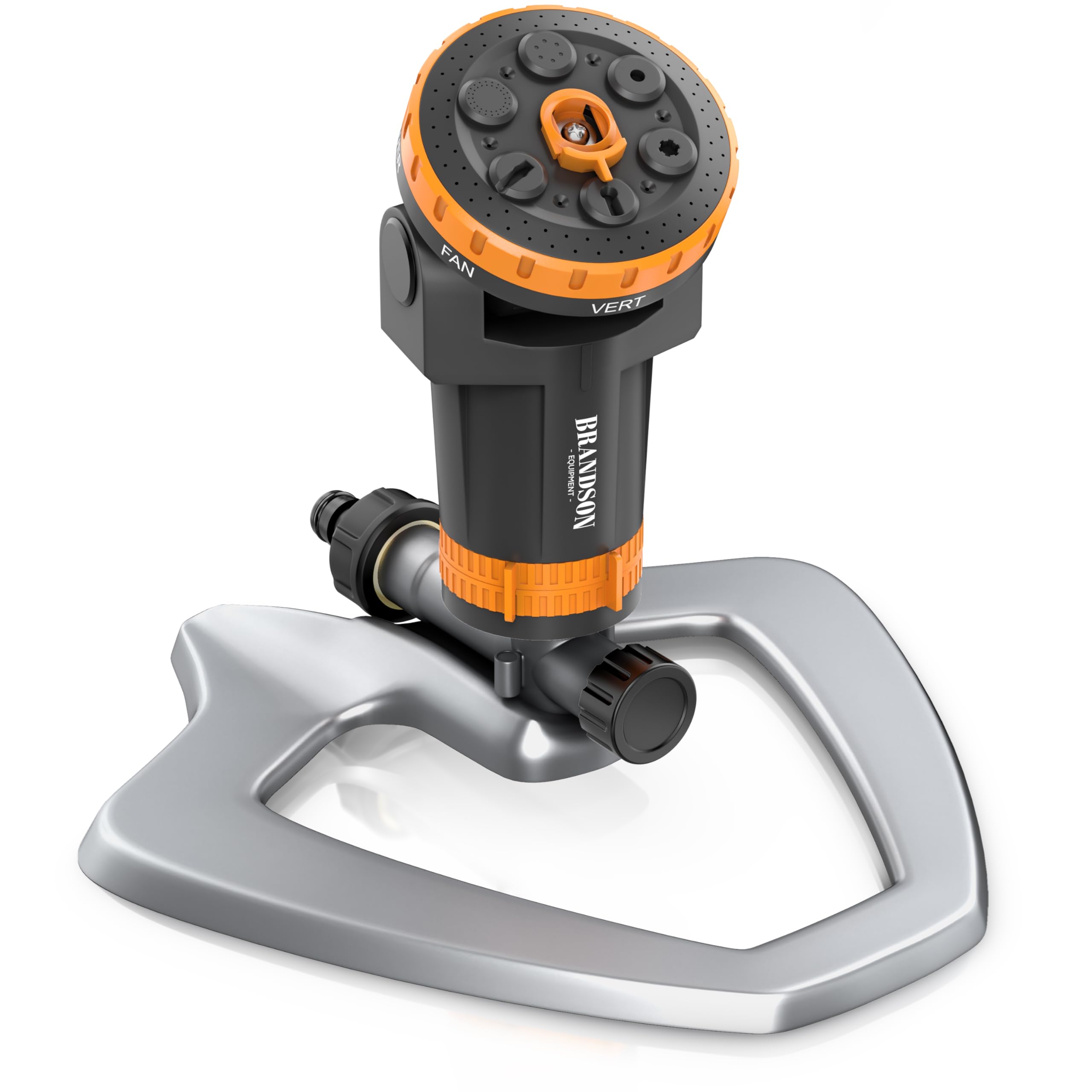 Brandson - Gartensprinkler mit Standfuß Metall – Garten Rasensprenger 3/4 Zoll - 6 Sprühmuster – 200 m2 Gesamtfläche - Einstellbarer Sprühwinkel – Bewässerungssektor bis 360° - Inkl Adapter 1/2 Zoll
