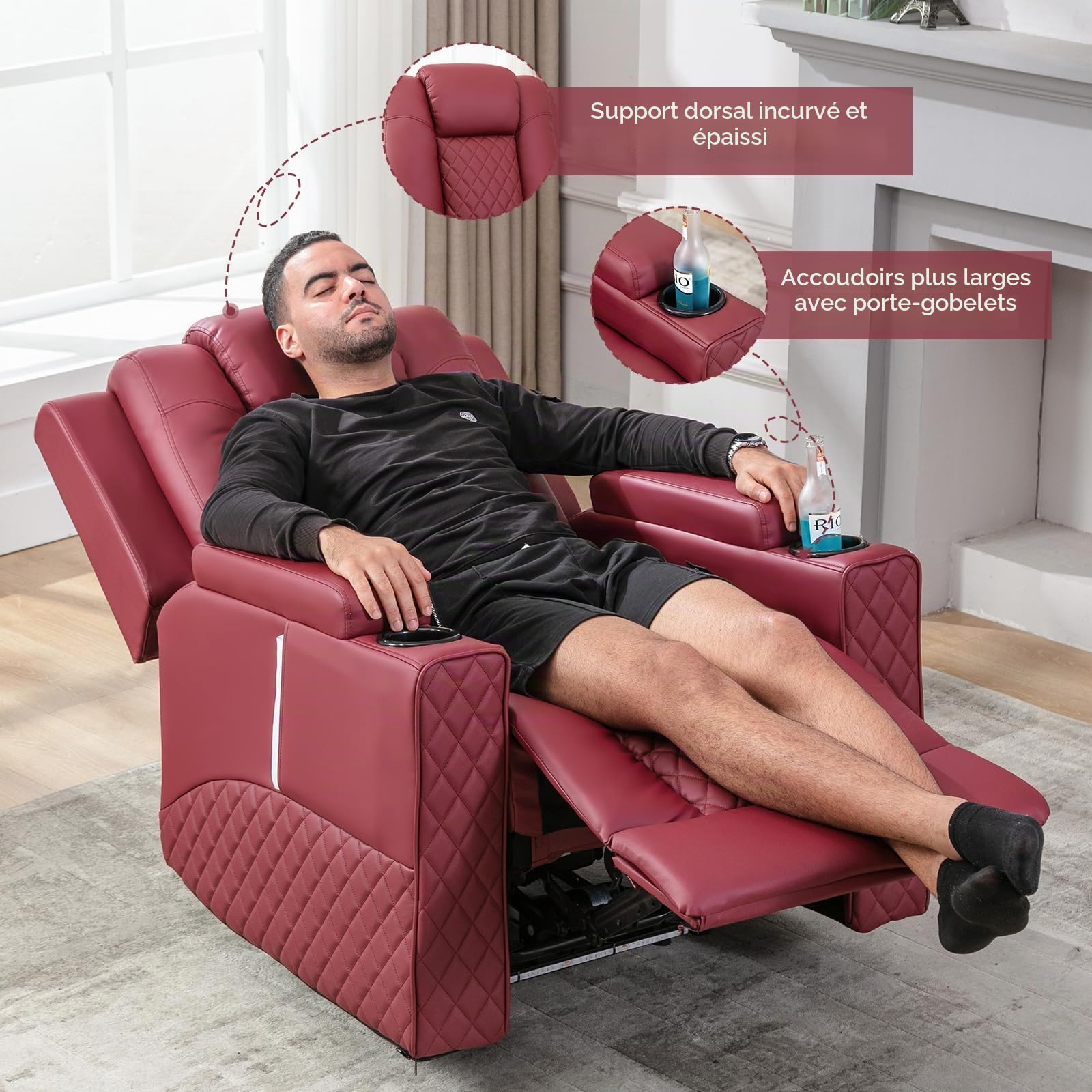 COMHOMA Fauteuil de relaxation avec fonction allongée, fauteuil de relaxation, avec LED, réglable électrique, jusqu'à 150 kg, avec fonction massage, salon, chambre à coucher, home cinéma, rouge