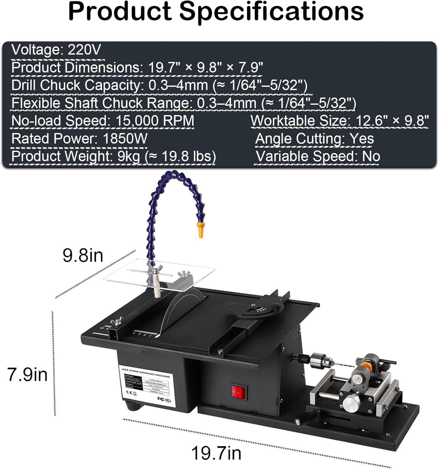Lapidary Equipment 1850W with 180mm Diamond Blade, Rock Polisher, Jewelry Rock Saw, Rock Cutter for DIY Lapidary Grinding Engraving Polishing Drilling