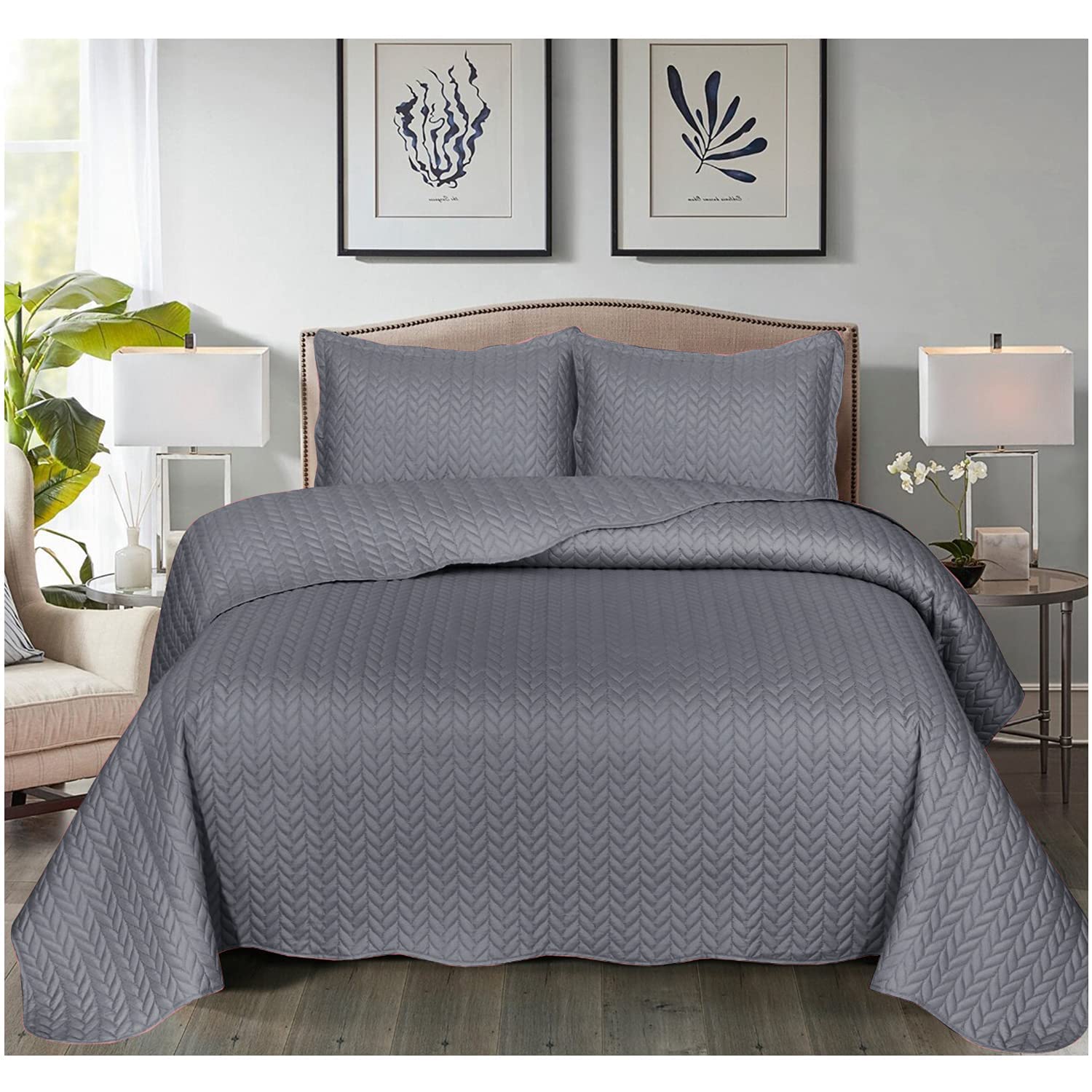 B&B Quilt Mono Bedspread 3 Pieces Set – Coverless Quilted Leaf Motif Bedspread, Comforter Throw, Summer, Winter and All-Season Lightweight Bedding Sets, with 2 Pillow Shams (Double, Grey)