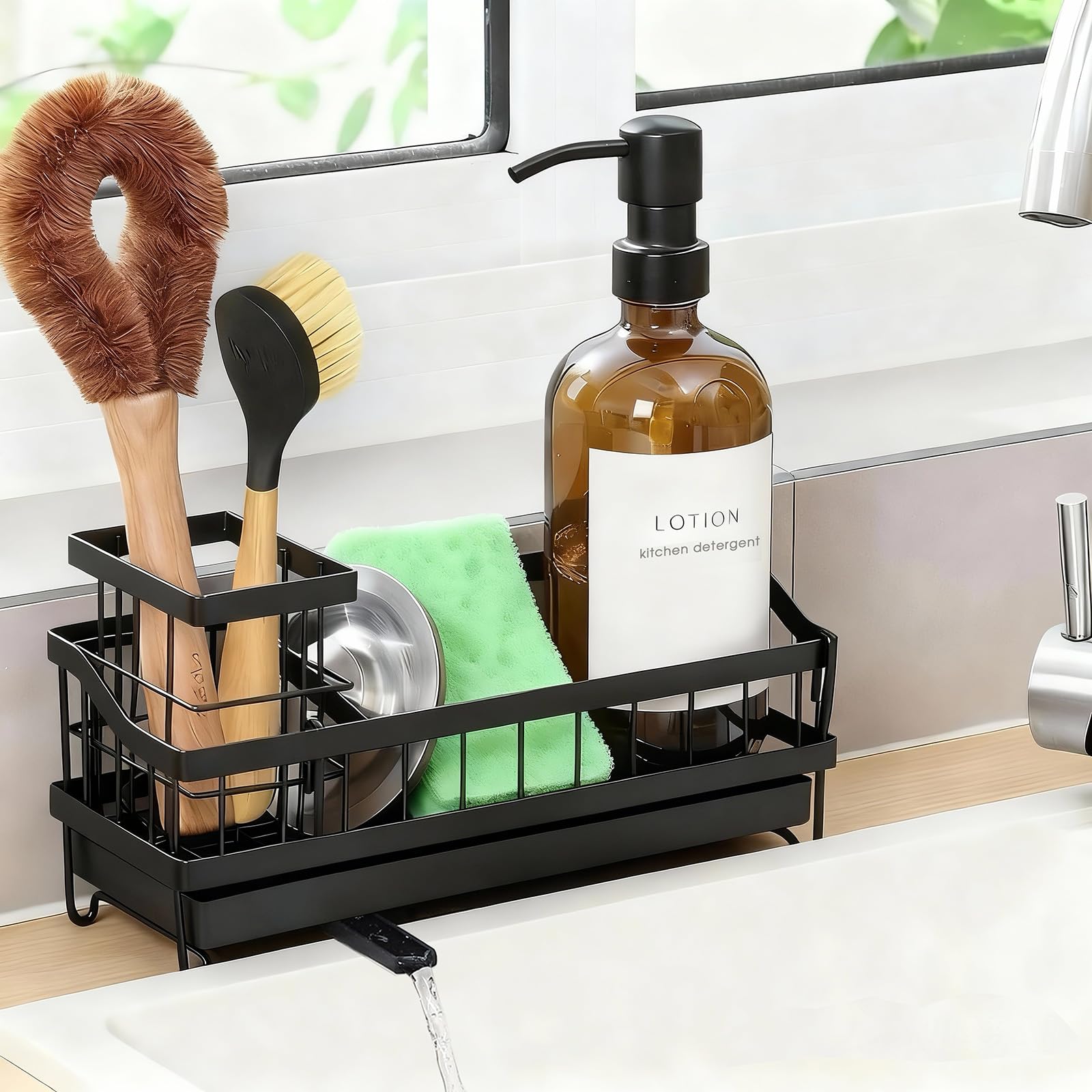 Black Sponge Holder for Kitchen Sink Sink Caddy Organizer with High Brush Holder Kitchen Countertop Organizers and Storage