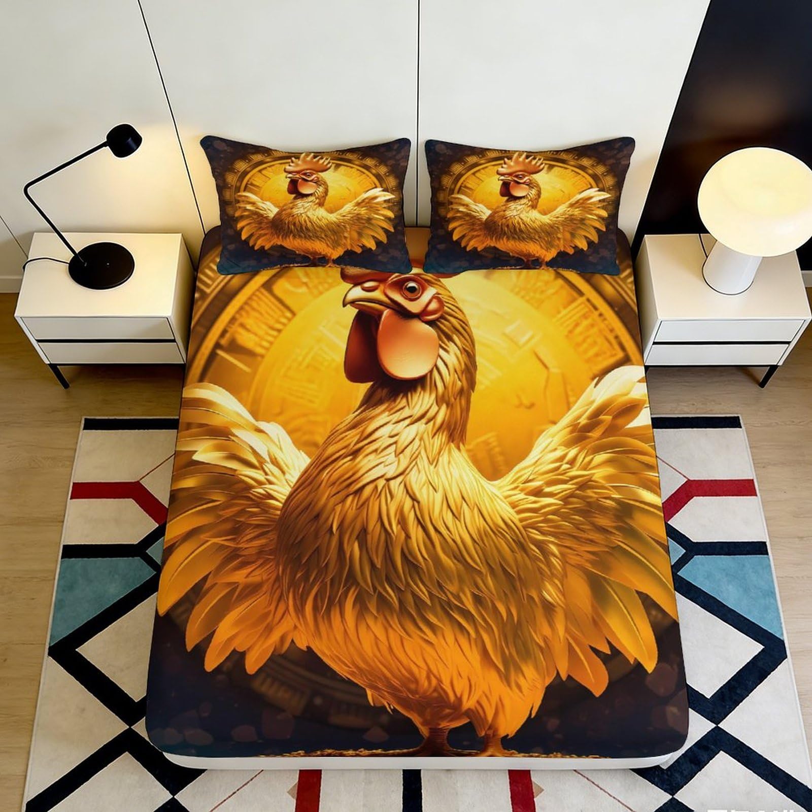 Pnayamiorkfel Style-4 3D Printed Golden Rooster Fitted Sheet Microfiber Soft Art Chicken Bed Cover For Bedroom Guest Room Decor 90X200x25cm