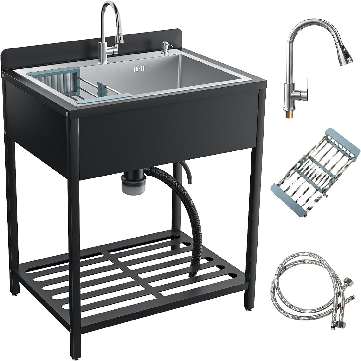 Stainless Steel Freestanding Utility Sink with Cold and Hot Water Faucet, Kitchen outdoor Sink with and Drain Kit, Laundry sink For Bathrooms, Backyard, Bar (Silvery, 33IN-L)