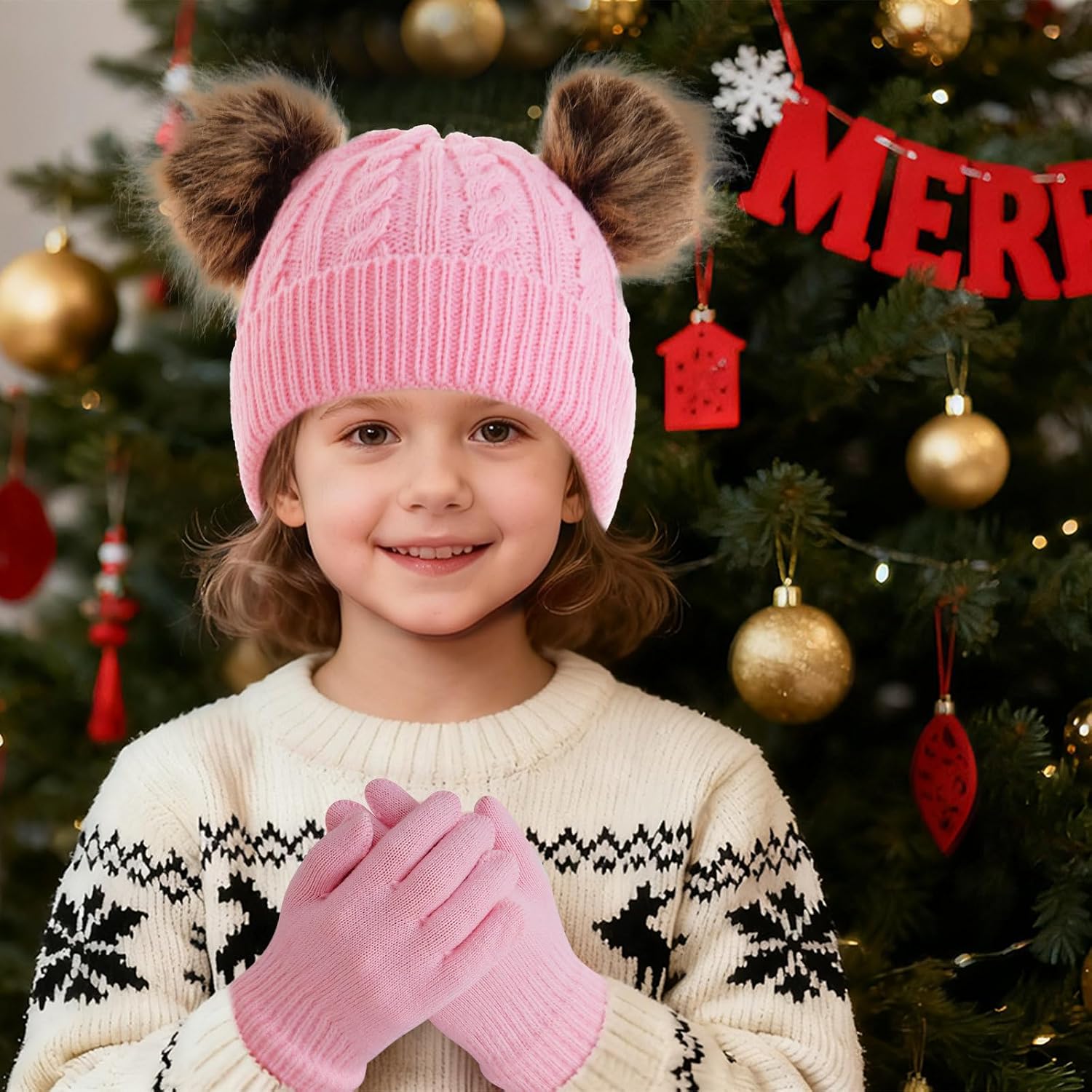 Yolyoo 3 Pack Fashion Winter Beanie Hat Scarf Gloves Set for Kids,Knit Pompom Toddler Hats Neck Warmer Gloves for Girls Boys