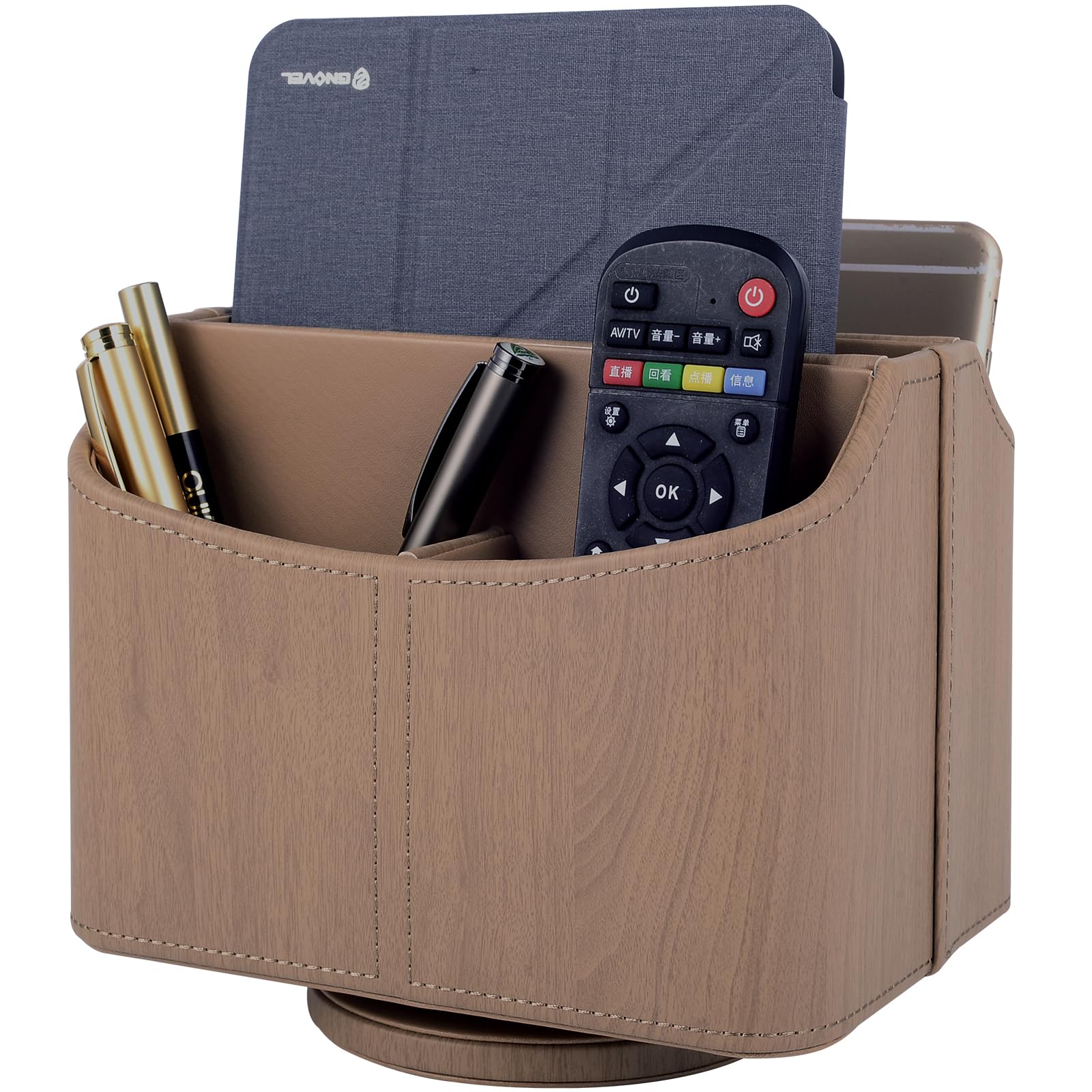 XNONE Pu Leather Remote Control Holder with 5 Compartments,360 Degrees Rotatable Desktop Supply Organizer for Pen,TV Control,Phone,Mini IPad Notebook,Eyeglasses,Makeup Brush Storage Box (Apricot)