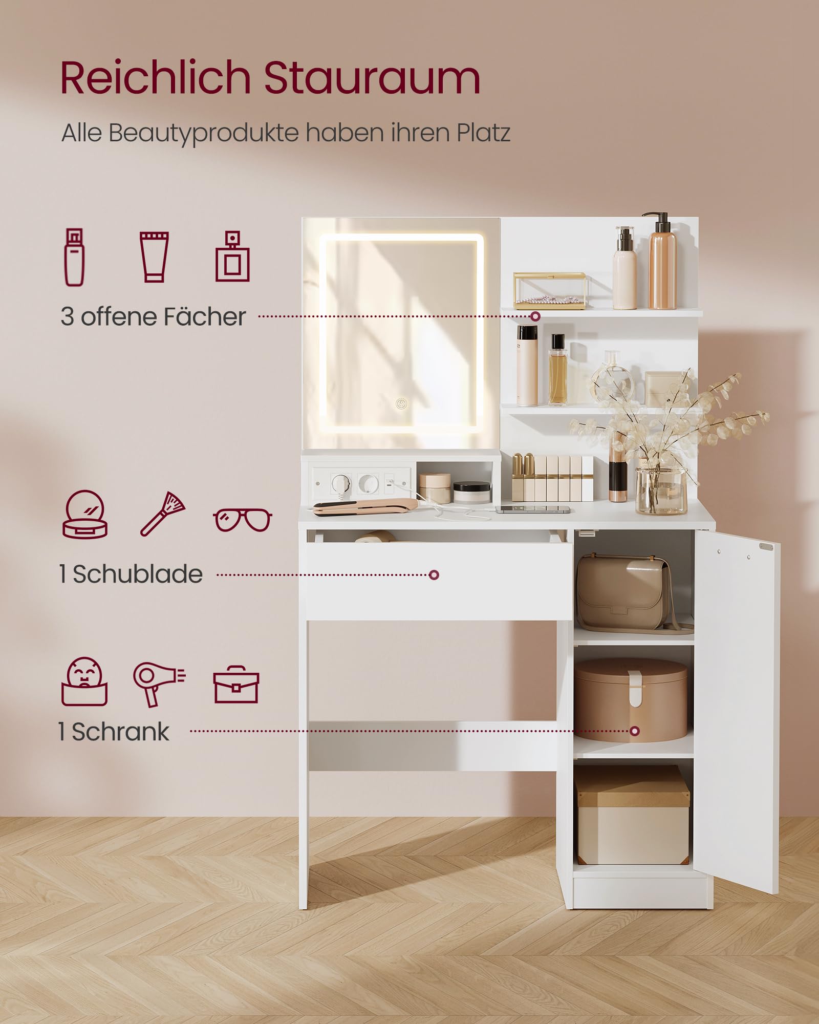 VASAGLE Kailyn Kollektion - Schminktisch, Frisiertisch mit LED-Spiegel und Steckdosenleiste, Kosmetiktisch, Schublade und offene Ablagen, Schrank mit 2 verstellbaren Ablagen, weiß RDT138W01