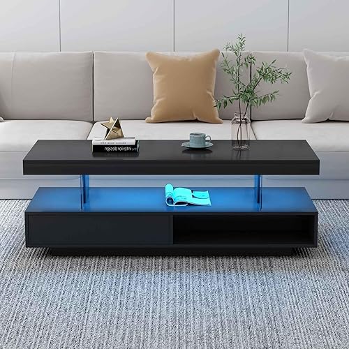 Mesa de centro LED de 51.2 pulgadas, mesa central moderna con 2 cajones y estantes de exhibición, muebles de mesa para sala de estar con superficie