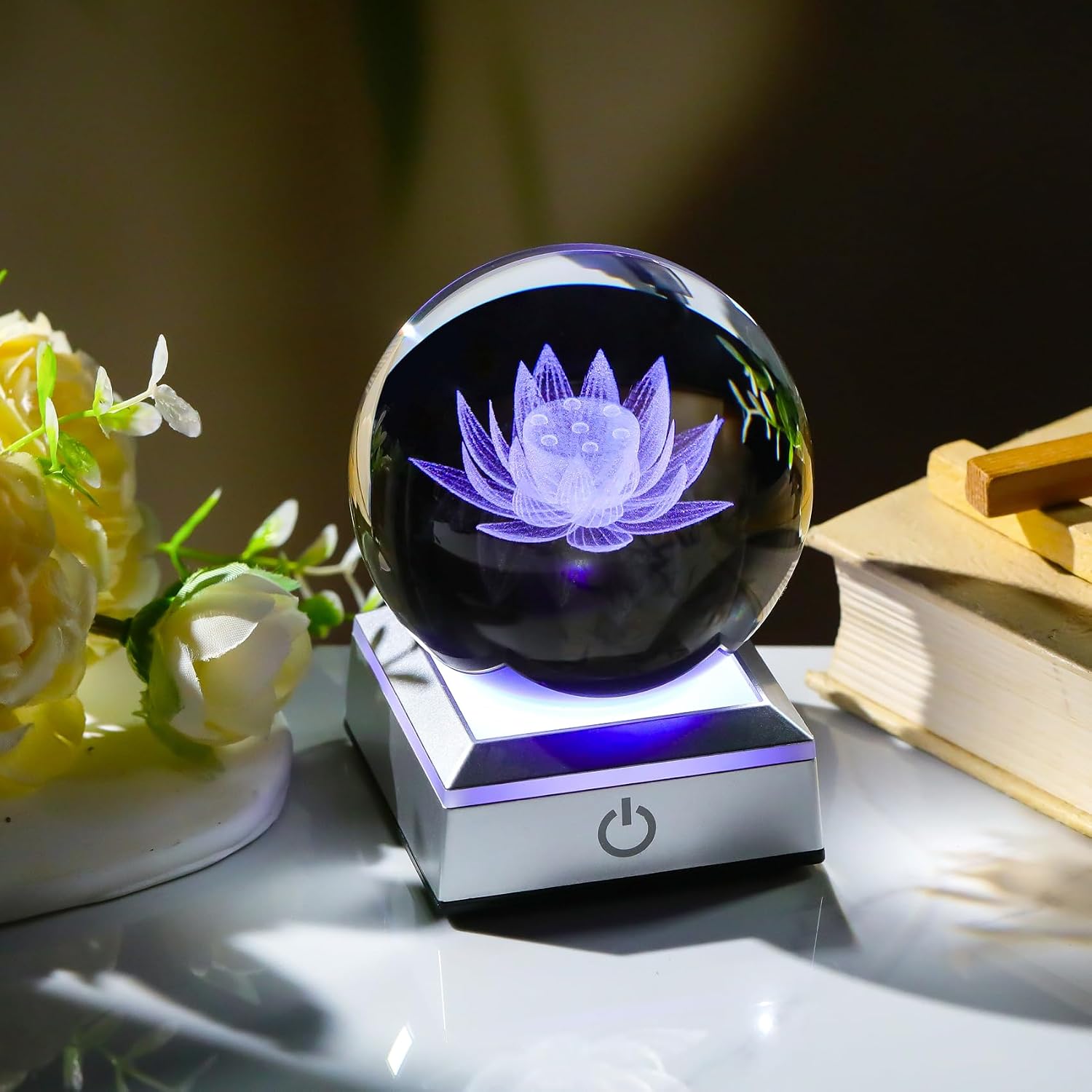 Arikyrist Crystal 3.14 Engraving Lotus Flower Figurine Ball with Colorful LED Base, Glass Lotus Flower Sphere Lamp Religious Gifts for Women Decorative Glass Ball Paperweight