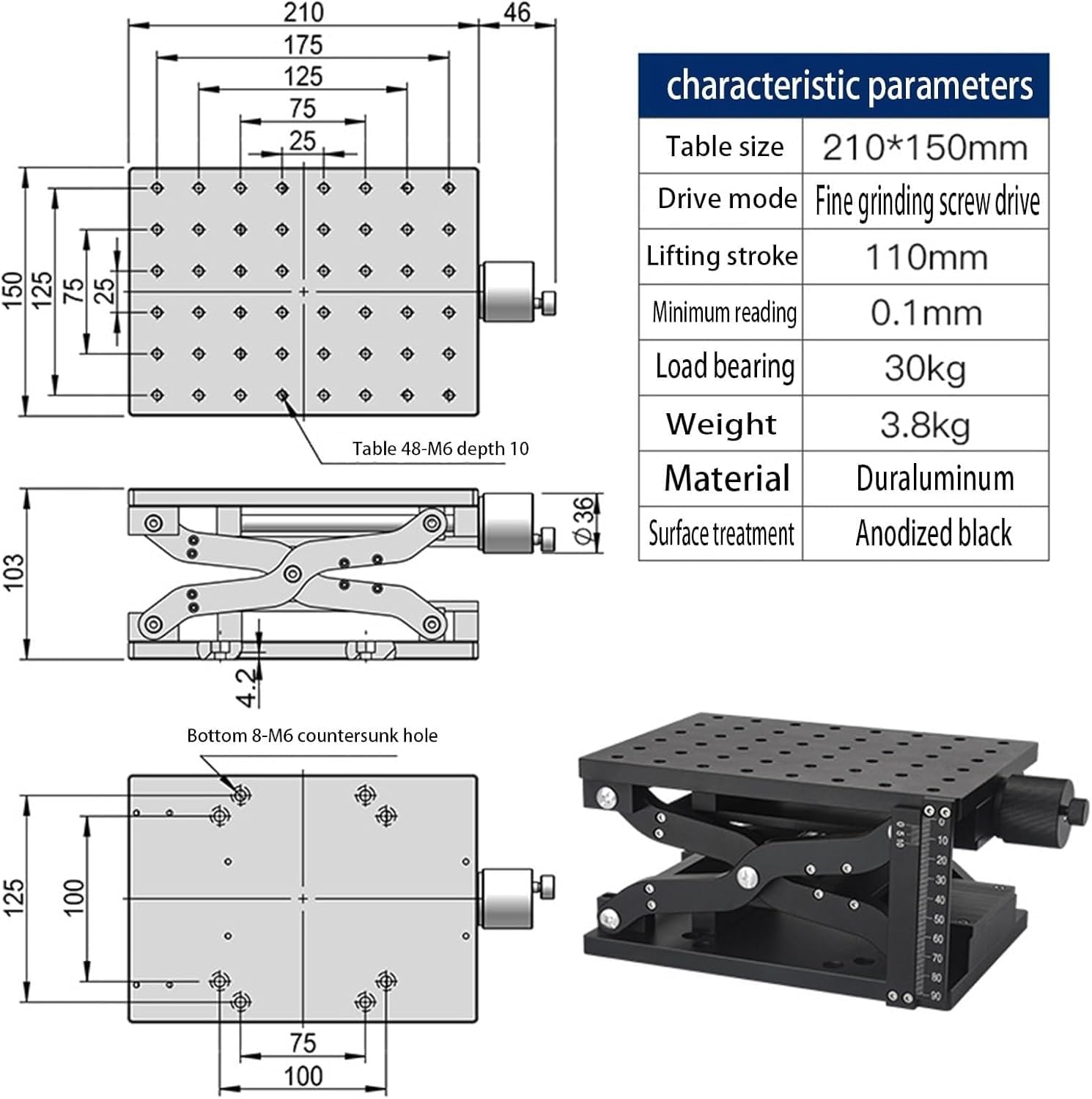 Mesa de plataforma de elevación manual con eje Z para laboratorio, 210 x 150 mm con escala, carrera de elevación de 110 mm, capacidad de carga de 30 kg, ideal para uso en laboratorio