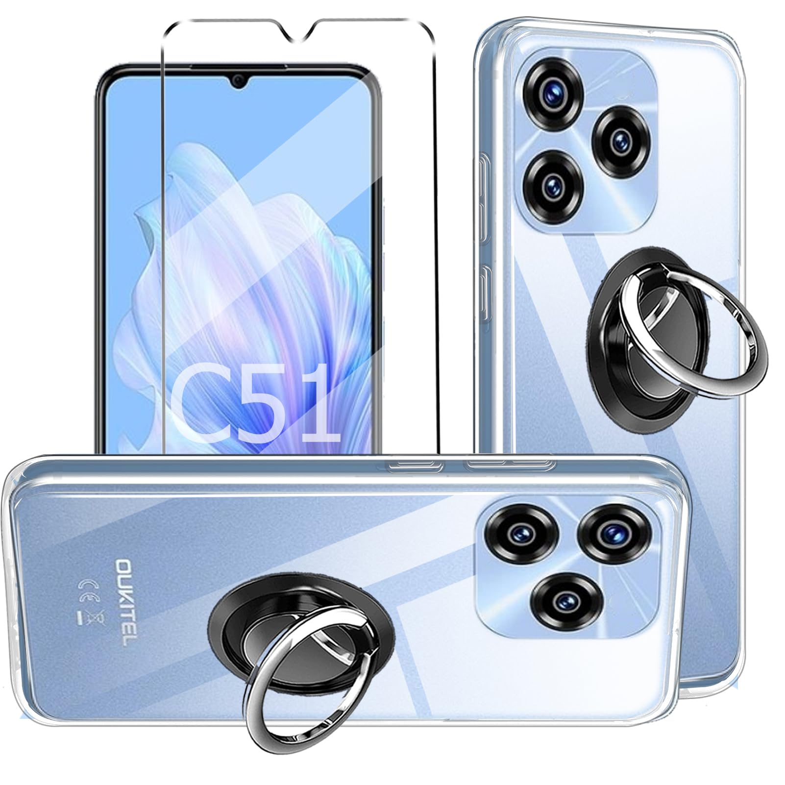 3-in-1 Case + Phone holder Ring Compatible with OUKITEL C51 Cover with 1 Pack Tempered Glass Screen Protector for OUKITEL C51