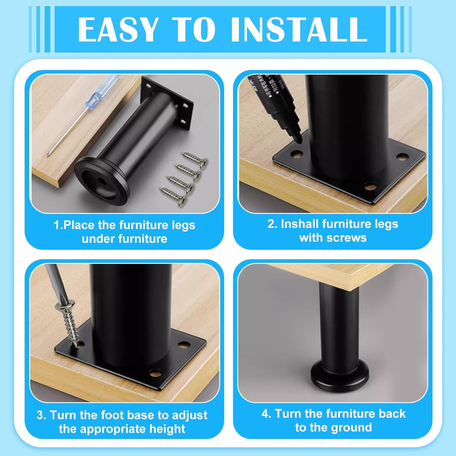 Adjustable Furniture Legs, 4 PCS 18-30cm Furniture Support Feet Metal Sofa Replacement Support Feet Legs Adjustable Height Bed Support Legs Table Leg for Chair Desk Cabinet Couch (Black)