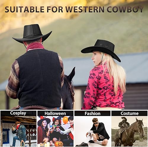 Miniatura 10 de uwantc para hombre sintética Western Cowboy Sombrero de fieltro Fedora sombrero de ala ancha al aire última intervensión con correa