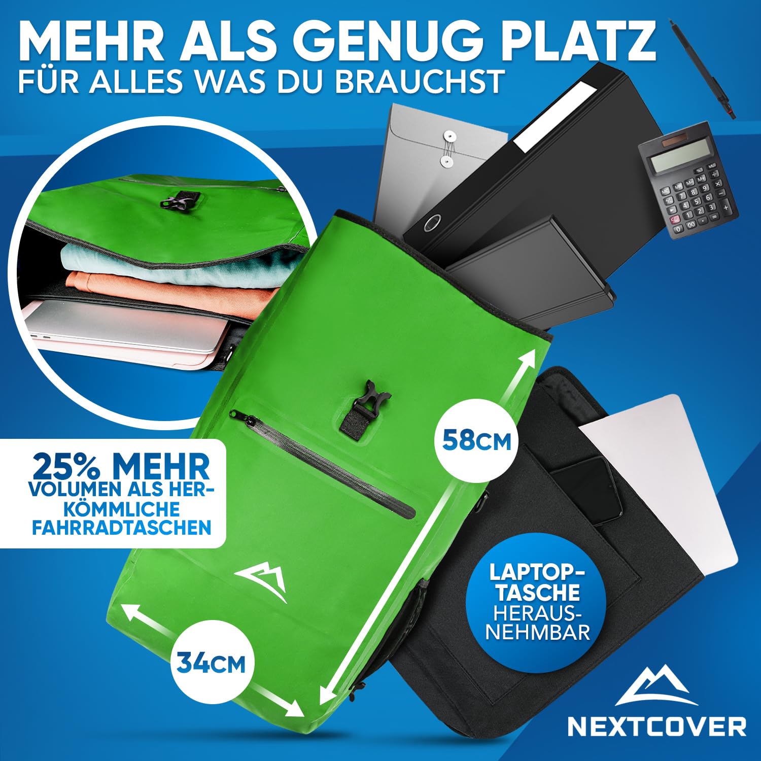 Nextcover® Alforja 3 en 1 para portaequipajes [Aquashield] – Bolsa portaequipajes, mochila y bandolera [25 litros] I bolsa de bicicleta impermeable I Alforjas portaequipajes, verde, Reedición