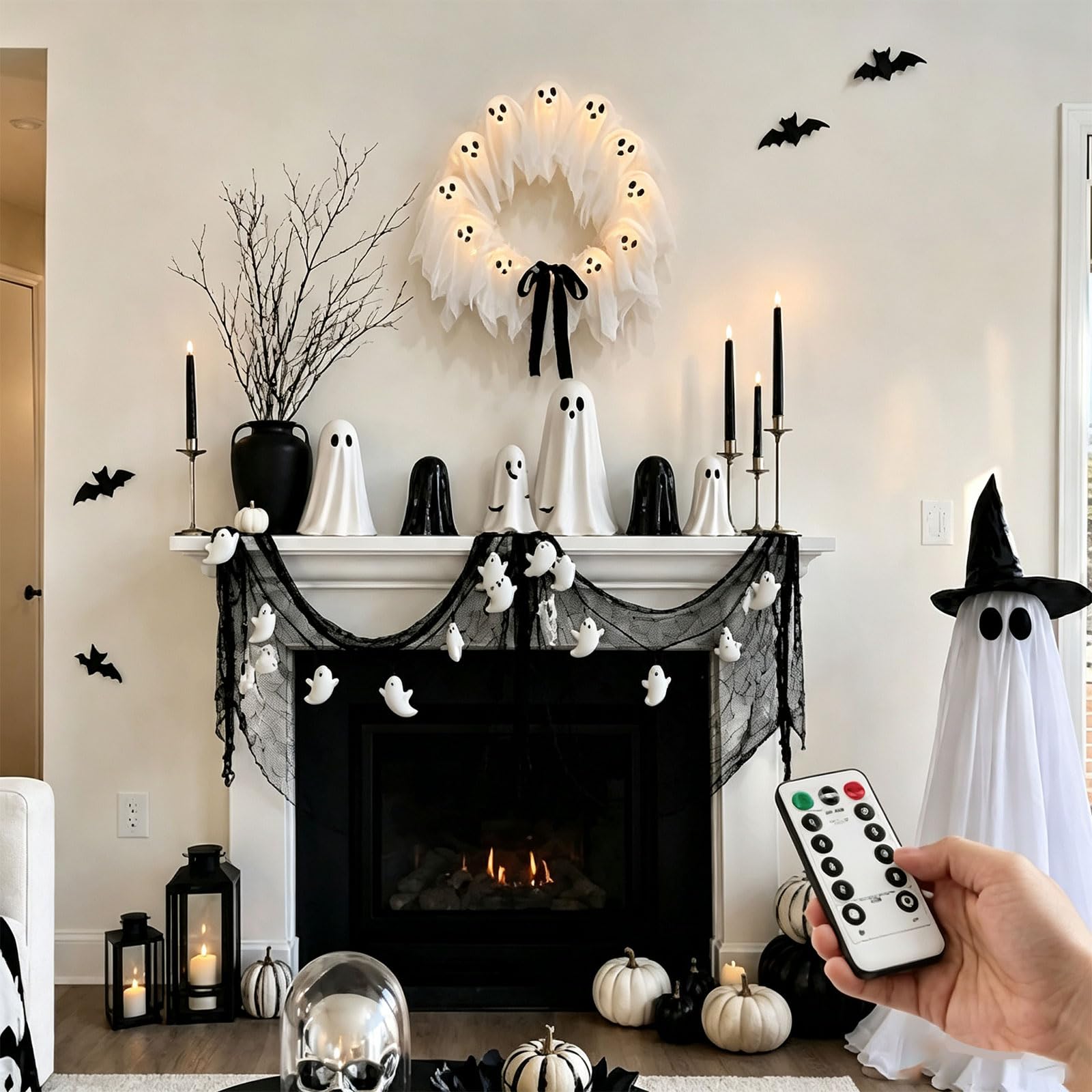 Ghirlanda Fantasma Luminosa di Halloween da 30/35 cm, Decorazione Bianca | Con Telecomando, A Batteria & Facile da Appendere, Forte Atmosfera Halloween, per Porta d’Ingresso, Parete, Festa(30cm)