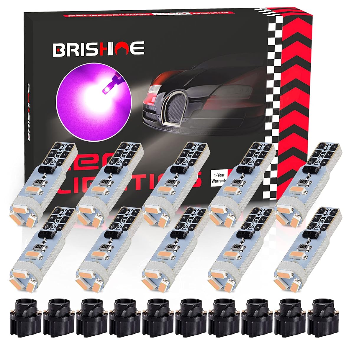 BRISHINE T5 LED Bulbs, Pink Purple, Canbus Error Free, Pack of 10, Model