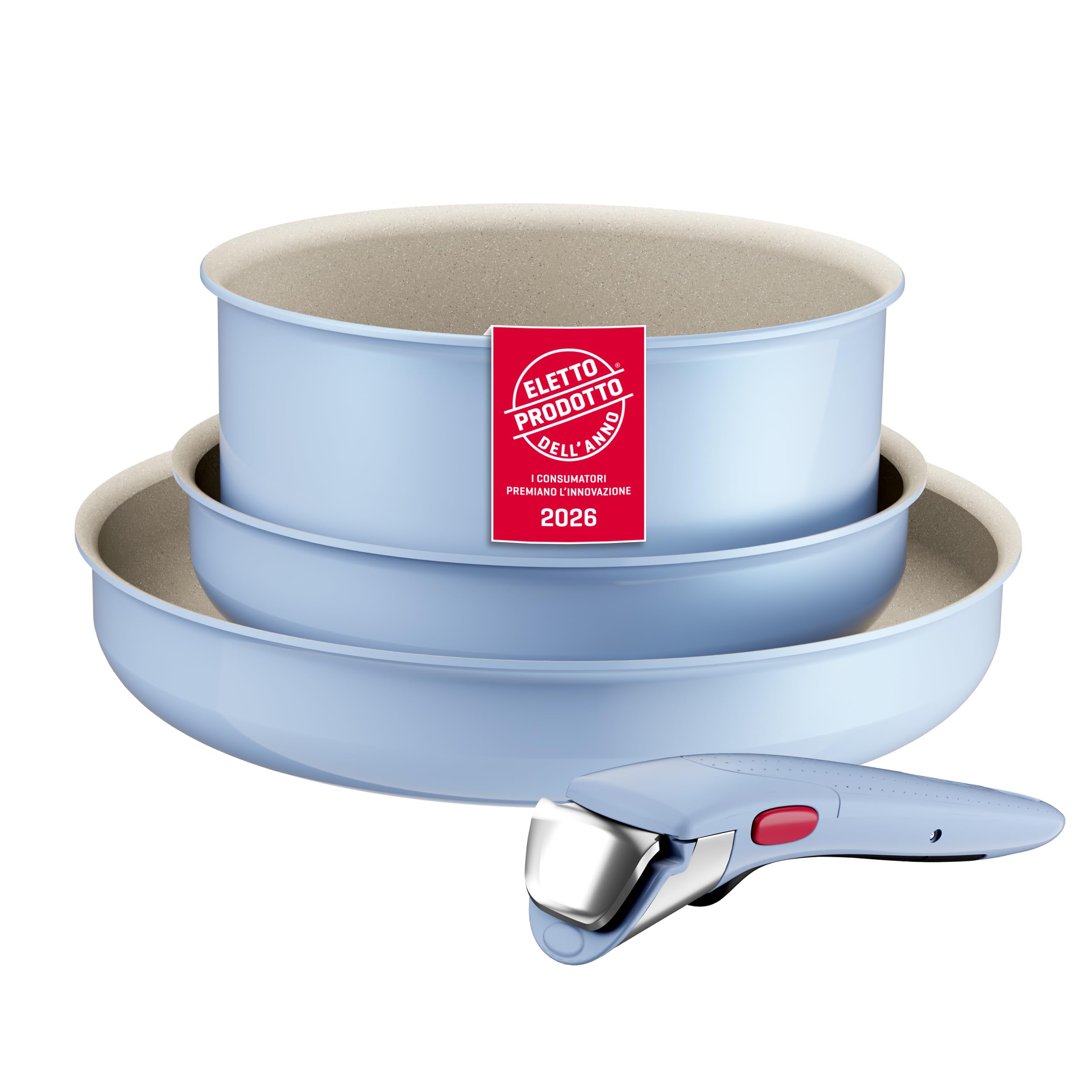 Lagostina Ingenio Pastel, Set Padelle Antiaderenti 4 Pezzi, Color Brezza | Rivestimento Antiaderente, Manico Rimovibile, Design Salvaspazio, Compatibile con Induzione e Forno