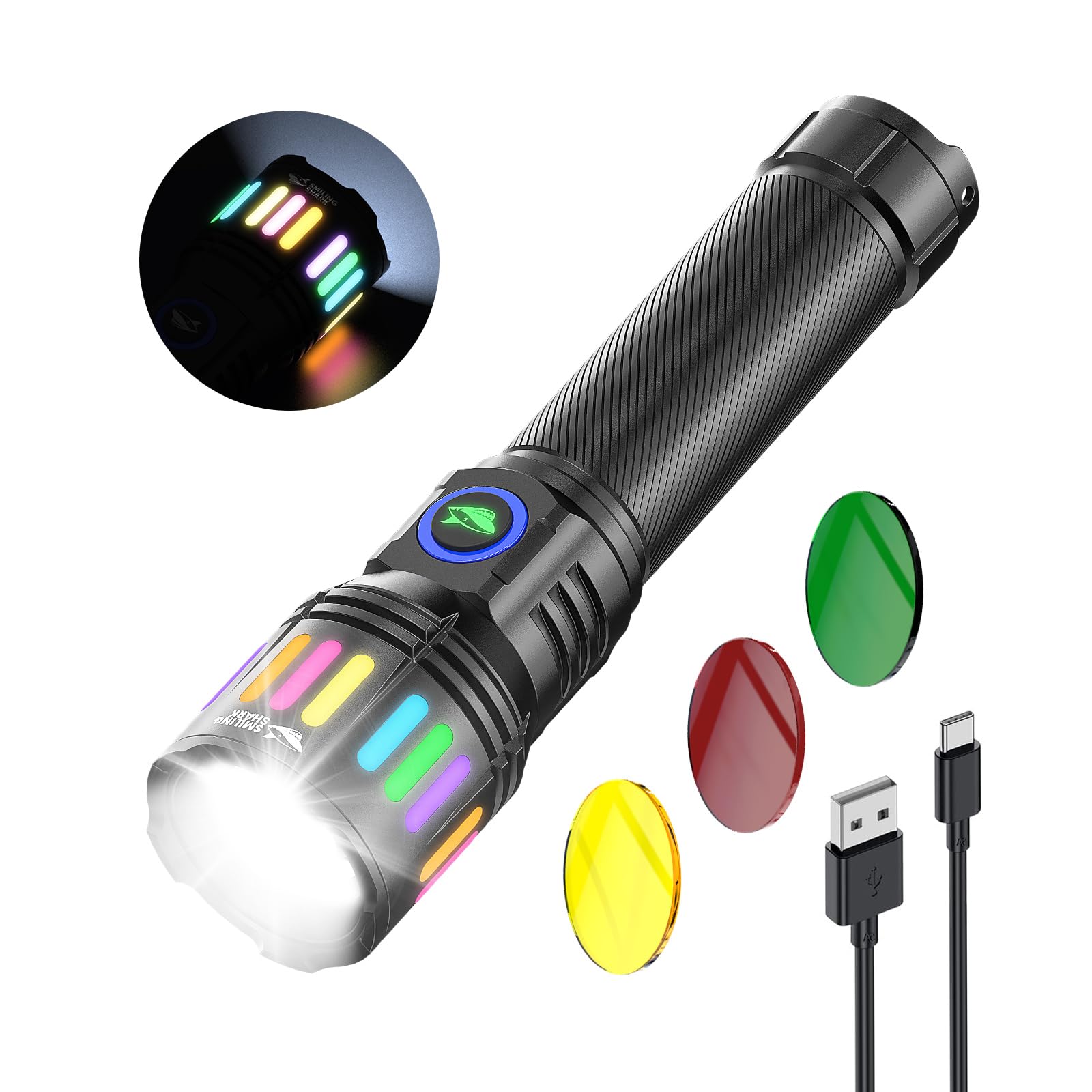 Smiling Shark Flashlight, M1 Flashlights High Lumens Rechargeable with 4 Modes & Zoomable【3 Color Lenses】 LED Mini Bright Handheld Flash Light for Camping/Hiking/Home, Black