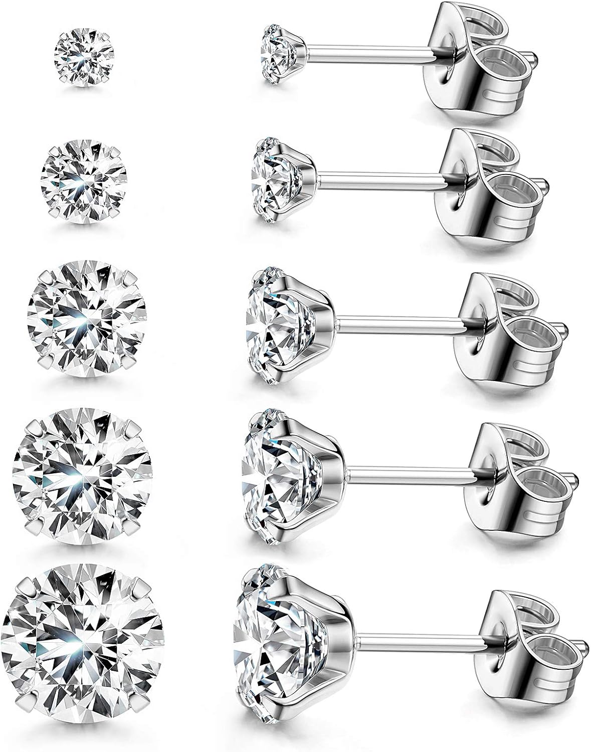  5 Pairs CZ Stud Earrings Set for Women Men, 316L Stainless Steel