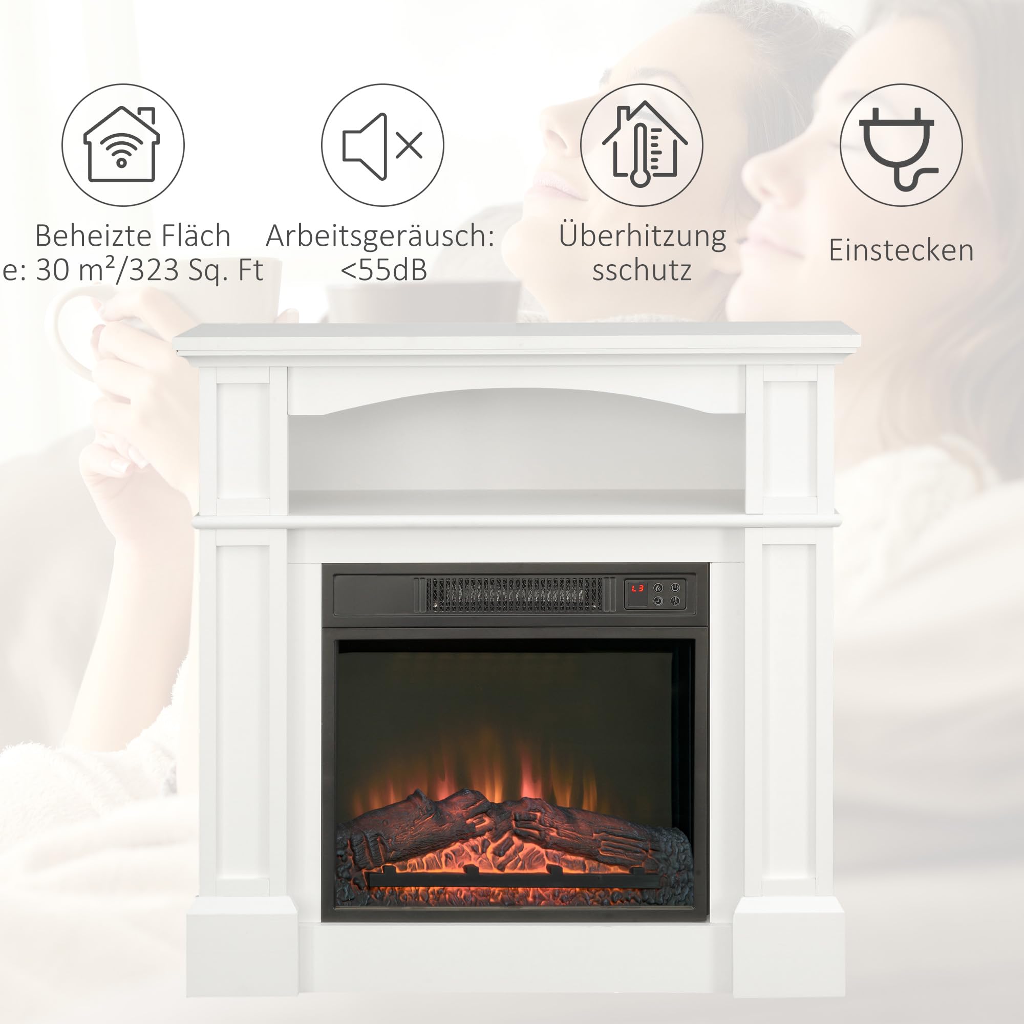 HOMCOM Elektrokamin mit Heizung LED Flammeneffekt Dekokamin 1800 W Weiß