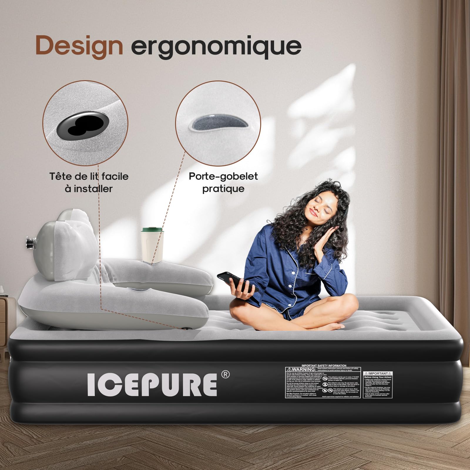 ICEPURE Matelas Gonflable 2 Personnes, 150x200x46CM,Dossier Amovible, 300 kg, Matelas Autogonflant 2 Personnes de 4000mAh et éclairage, adapté à la Peau, Robuste et Portable.