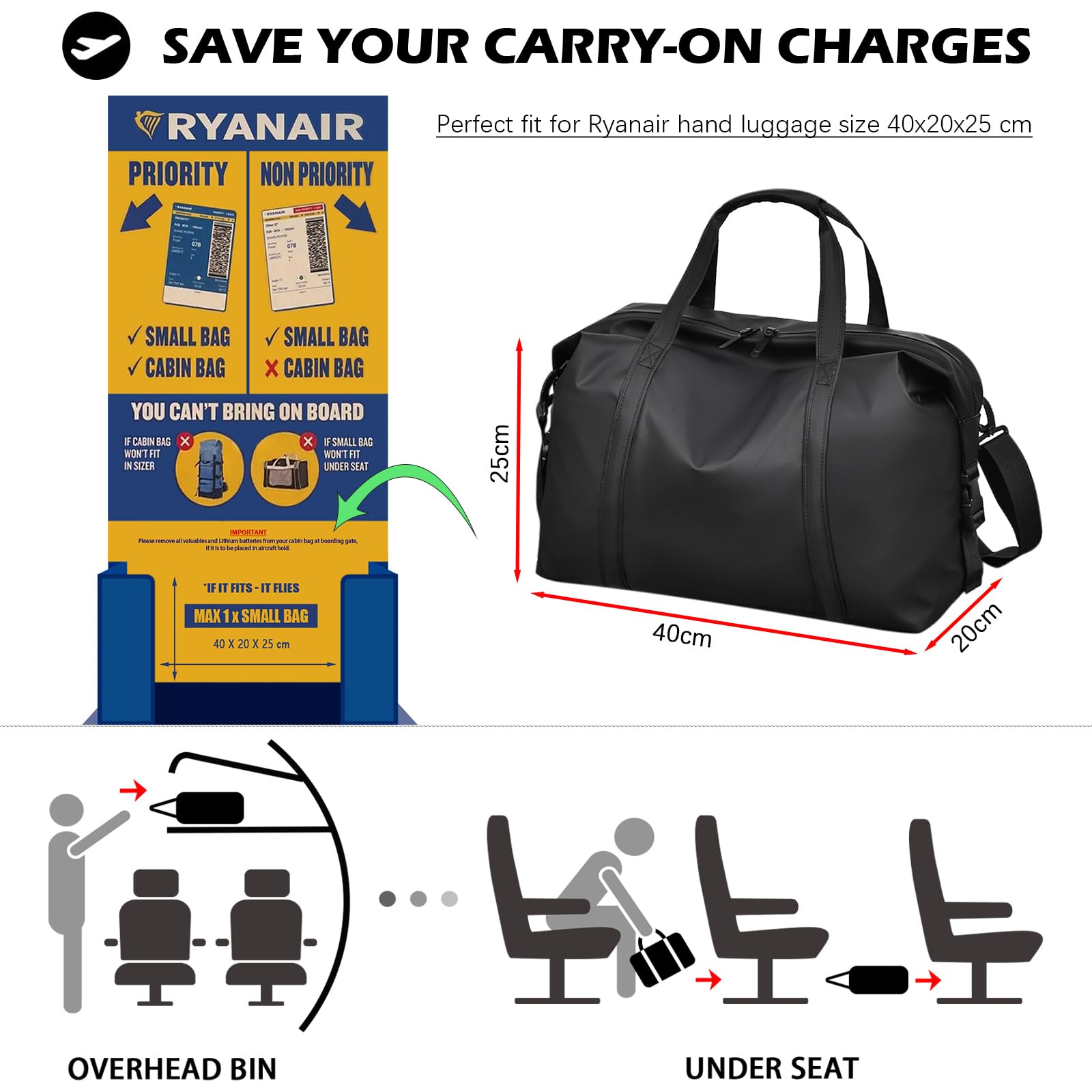 Sac de Voyage 40x20x25 Ryanair Cabine Avion Bagage, Sac Voyage en Cuir PU avec bandoulière