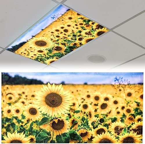 Patelai 4 x 2 Feet Fabric Fluorescent Light Cover for Ceiling Classroom Magnetic Cubicle Shade with 10 Magnets Fluorescent Light Filters for School Home Office Drop Lamp Decor(Sunflower)